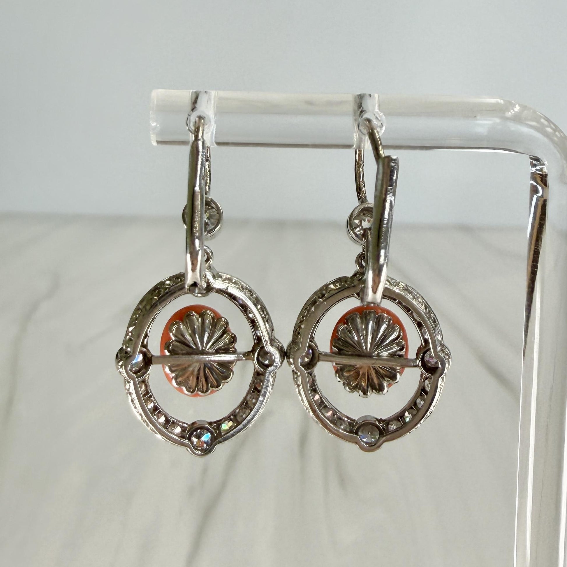 Antique 1925 Art Deco Coral and Old European Diamond Earrings Plat/14k