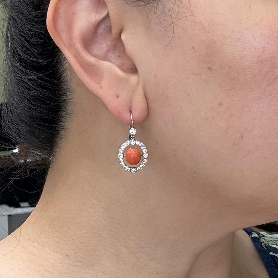 Antique 1925 Art Deco Coral and Old European Diamond Earrings Plat/14k