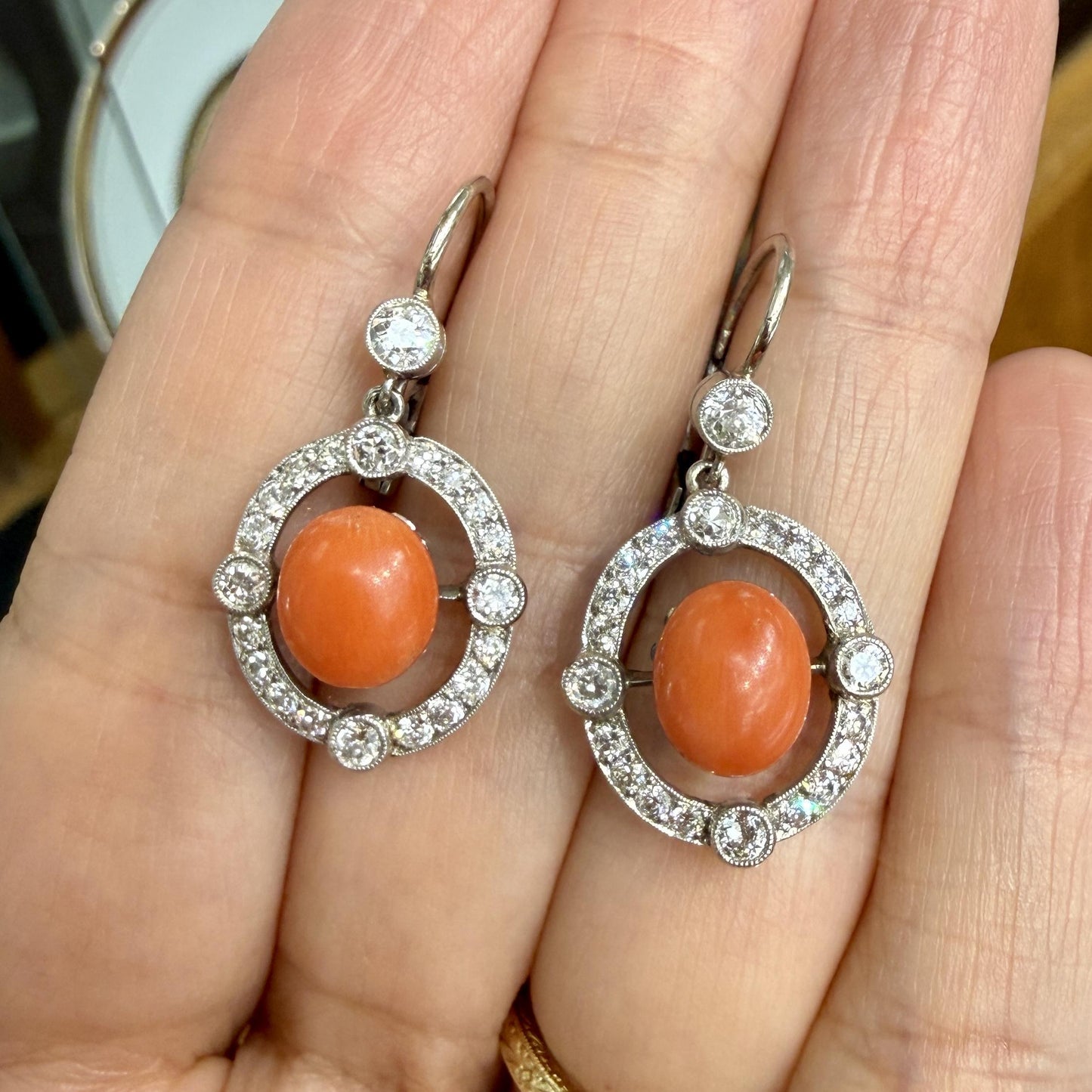Antique 1925 Art Deco Coral and Old European Diamond Earrings Plat/14k