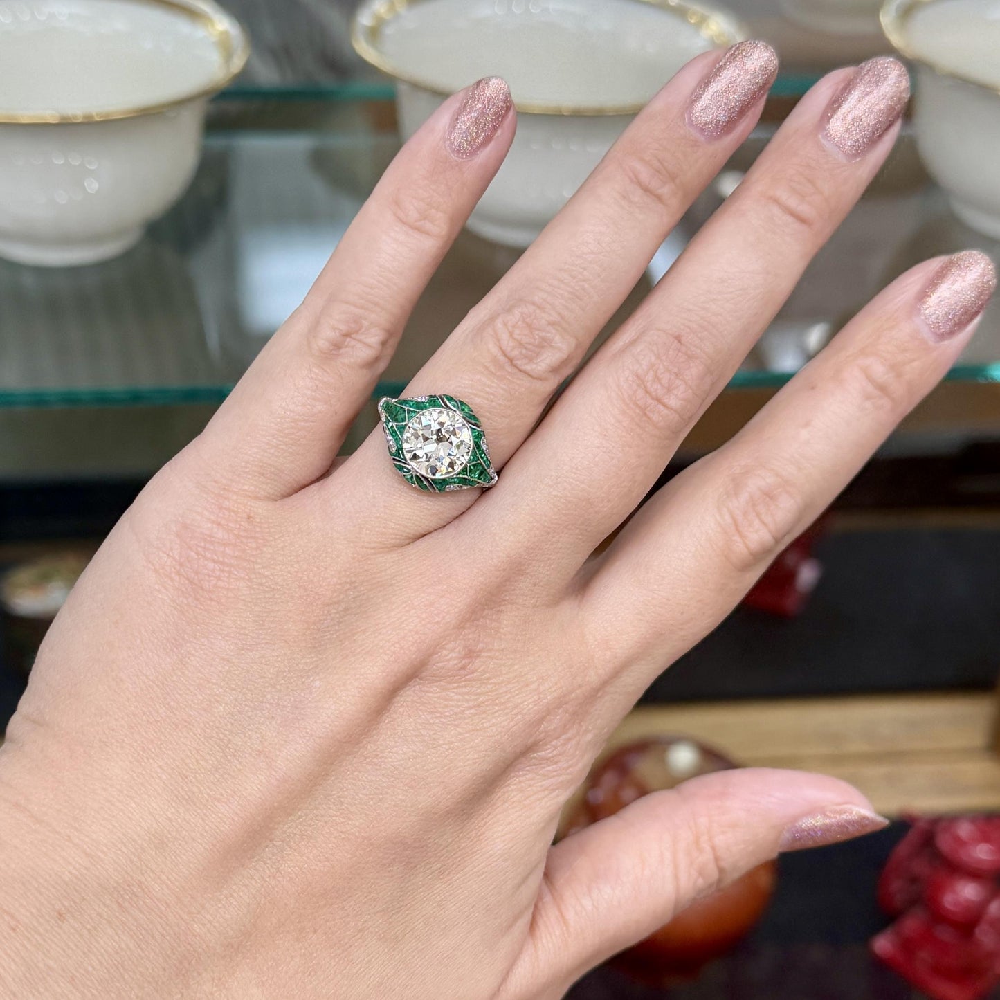 Old European Diamond and Emerald Engagement Ring Platinum