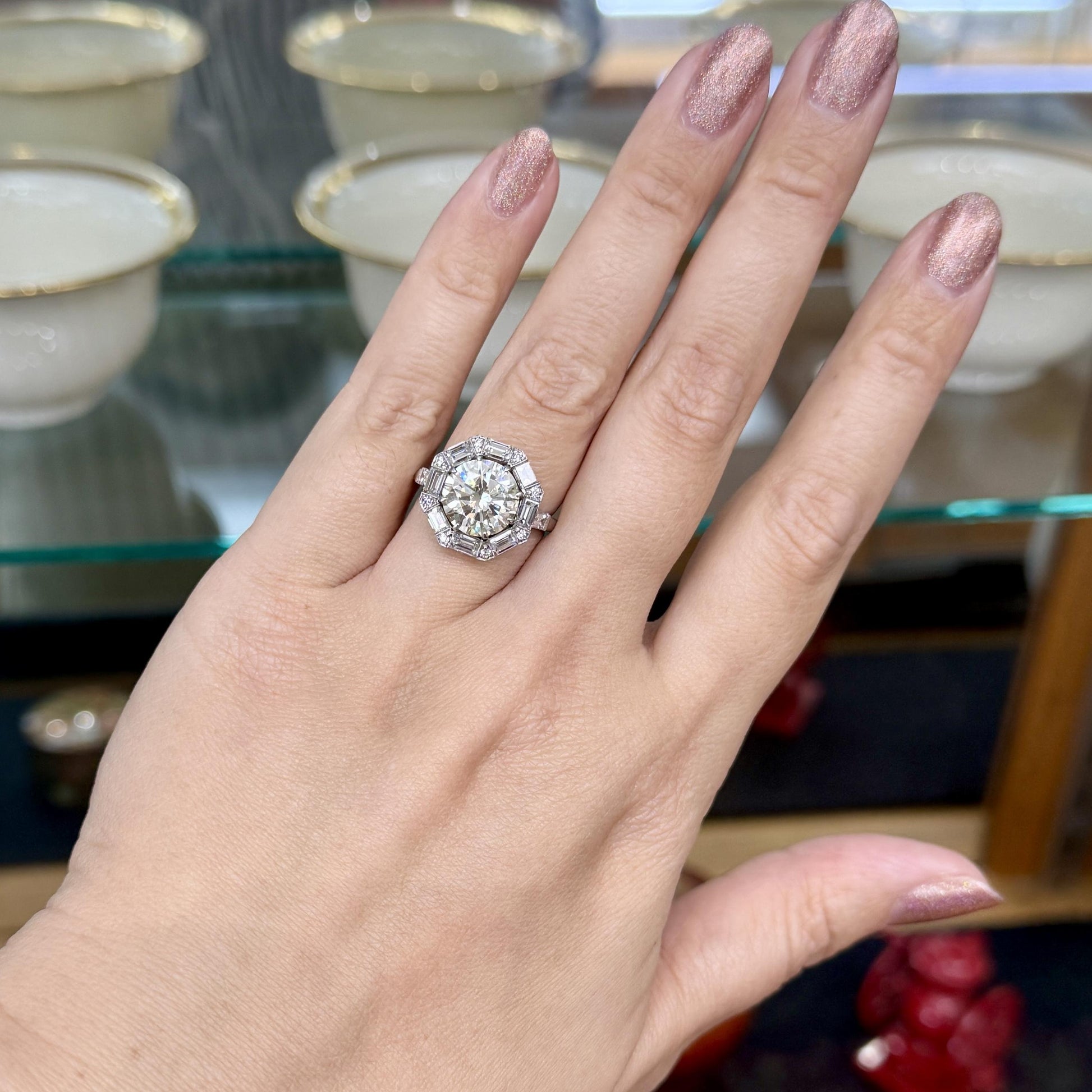 Vintage 1950's Transitional Cut and Step Cut Diamond Engagement Ring Platinum