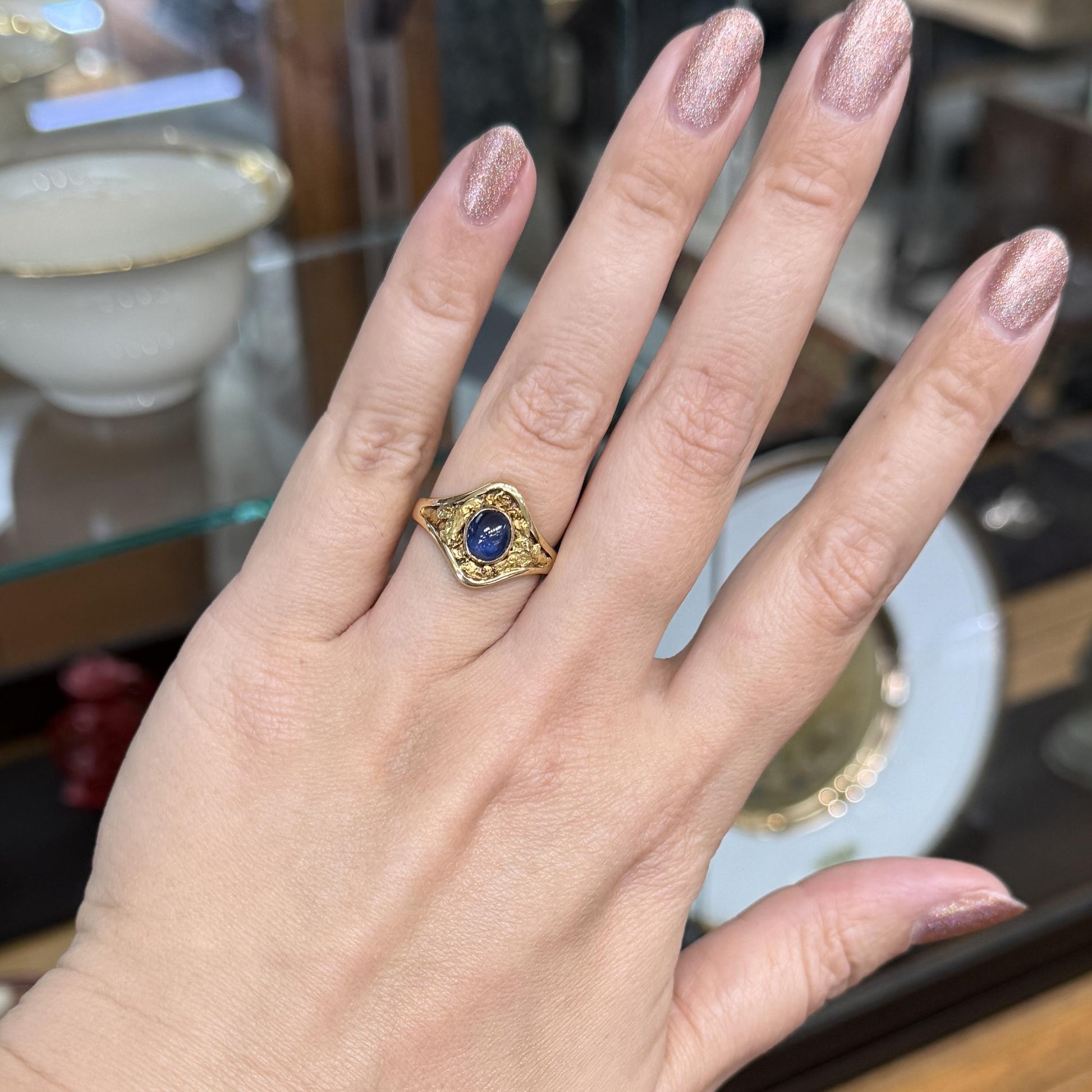 Antique Circa 1890's Sapphire Cabochon Gold Nugget Ring 14k Yellow Gold