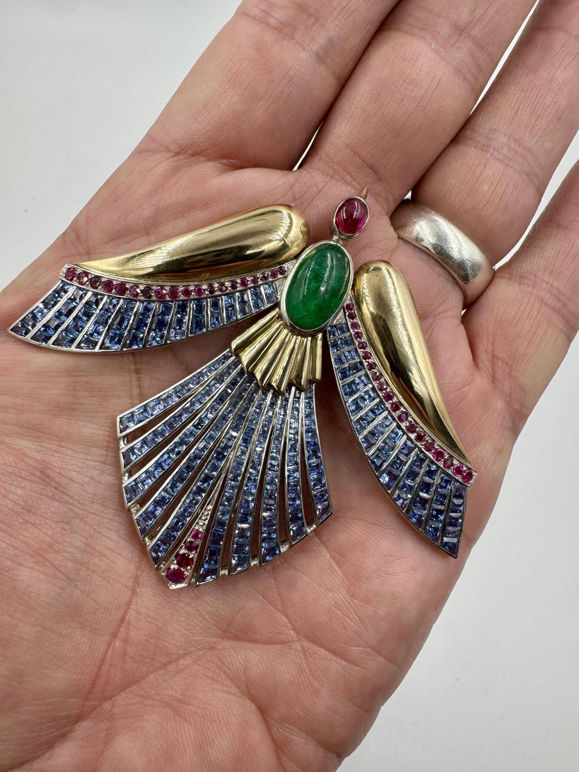 Retro Emerald Ruby Sapphire Gold Phoenix Bird Clip Brooch