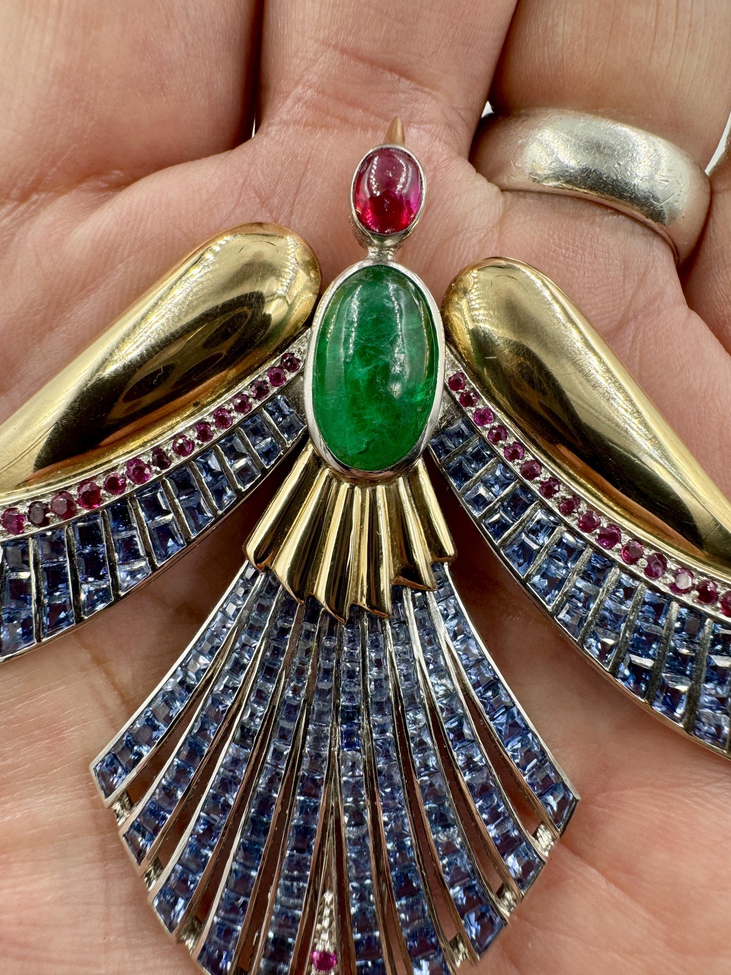 Retro Emerald Ruby Sapphire Gold Phoenix Bird Clip Brooch