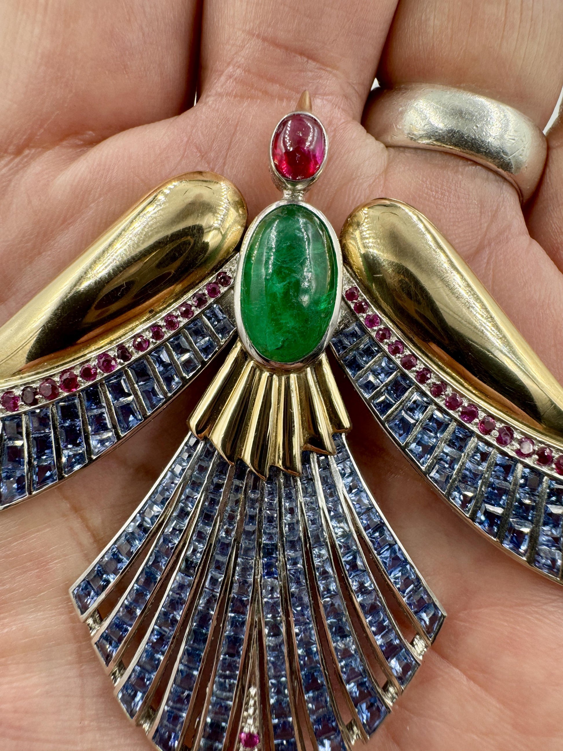 Retro Emerald Ruby Sapphire Gold Phoenix Bird Clip Brooch