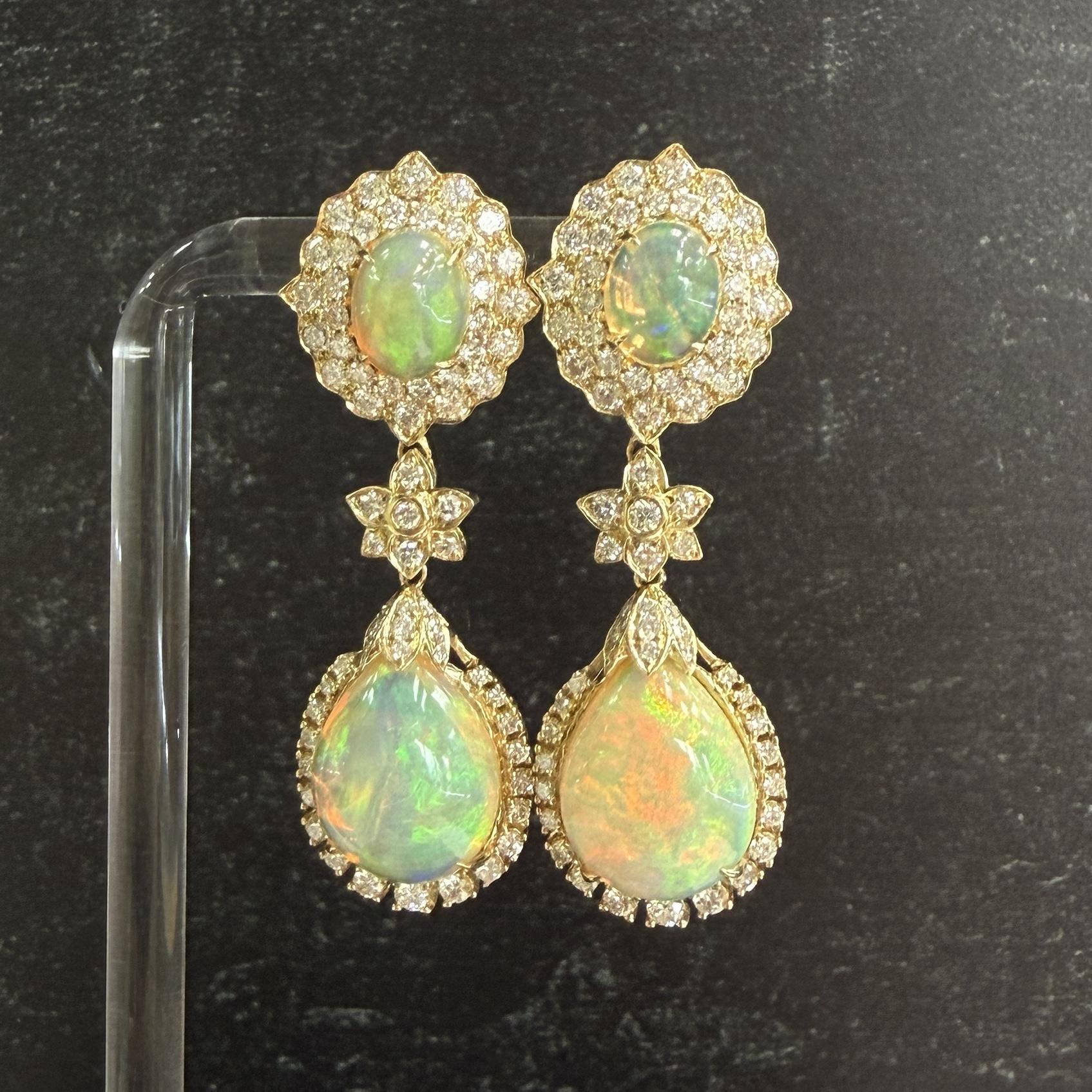 Estate Opal and Diamond Dangle Statement Earrings 14k Yellow Gold