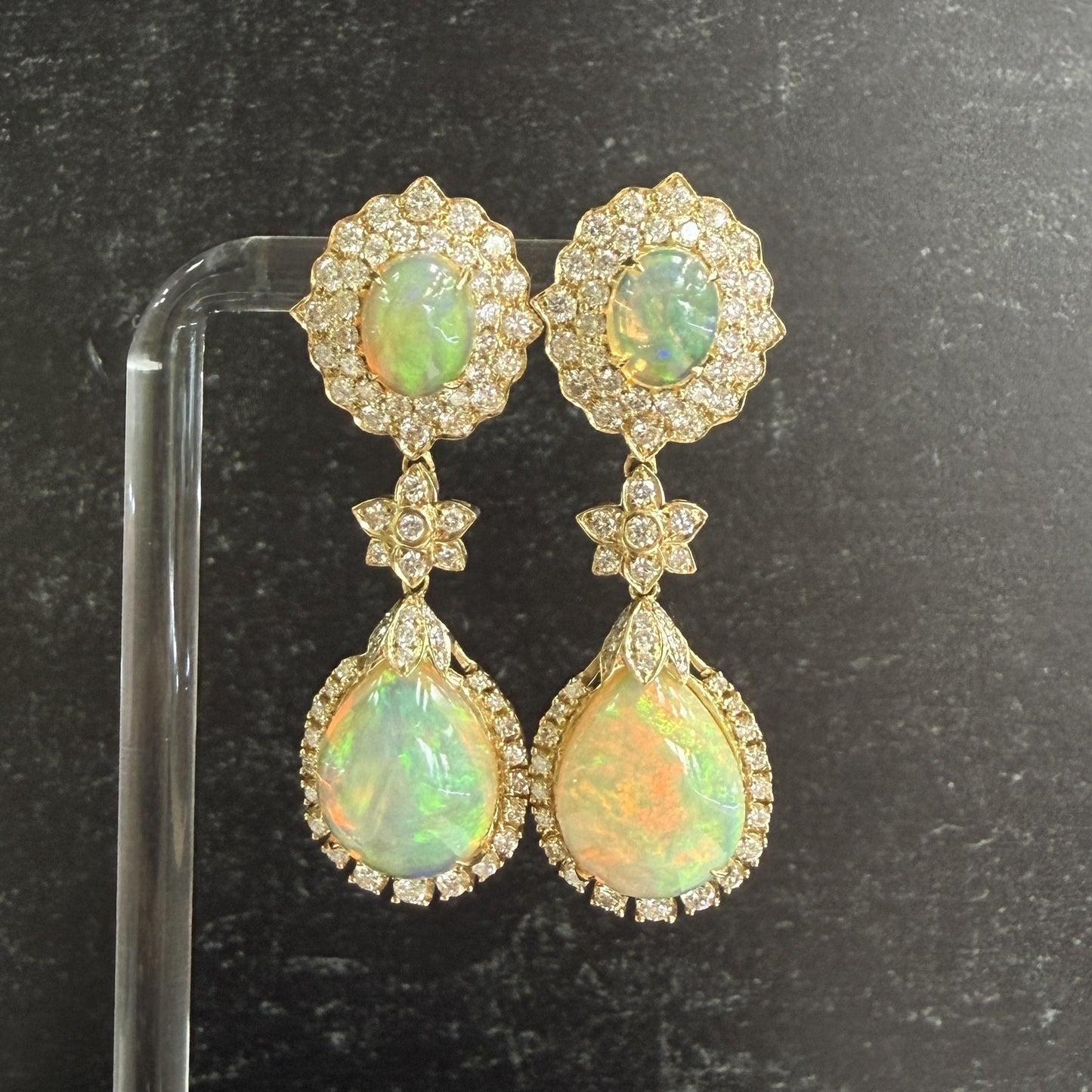 Estate Opal and Diamond Dangle Statement Earrings 14k Yellow Gold