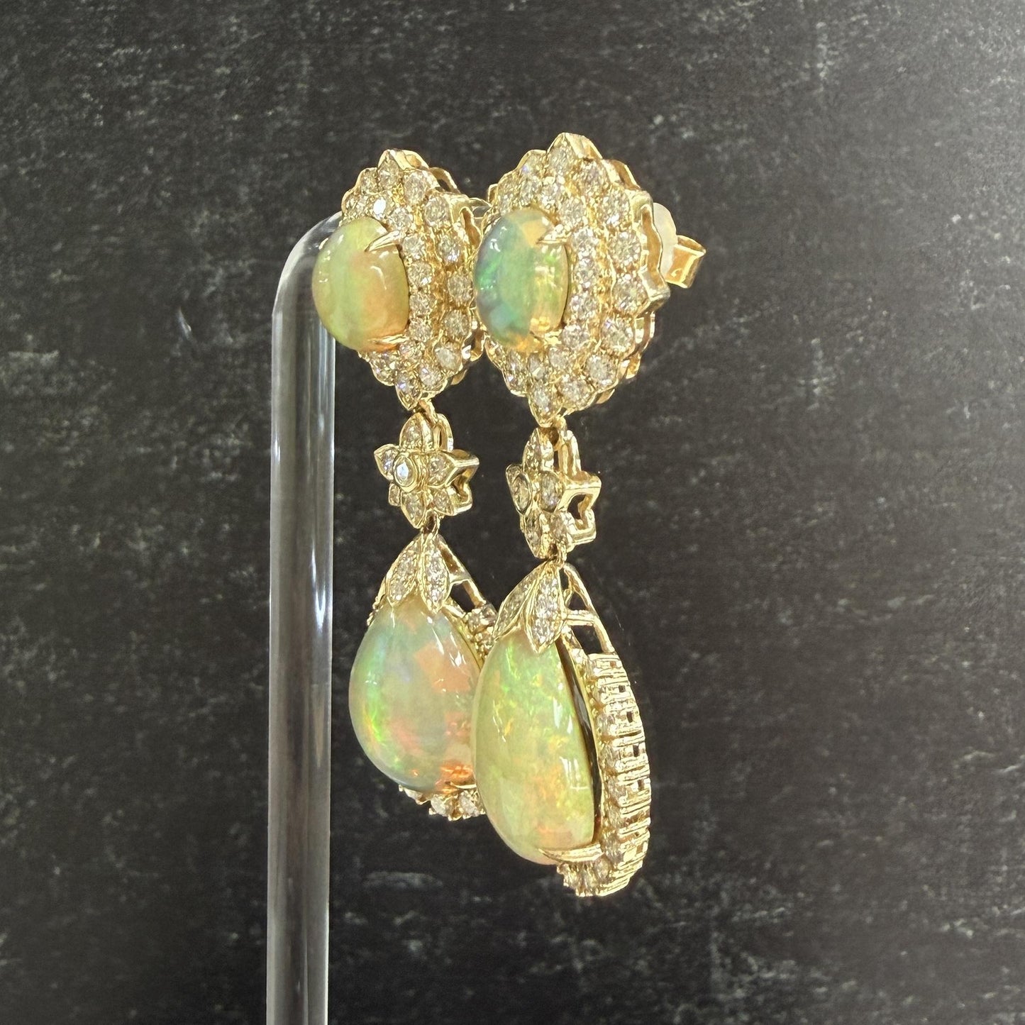 Estate Opal and Diamond Dangle Statement Earrings 14k Yellow Gold