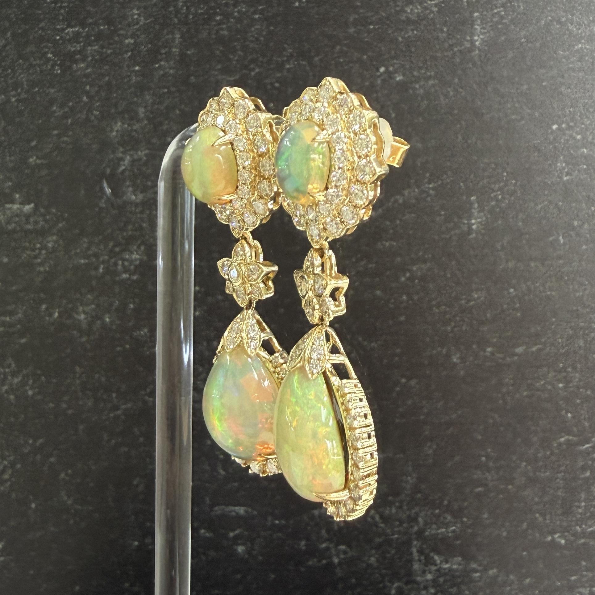 Estate Opal and Diamond Dangle Statement Earrings 14k Yellow Gold