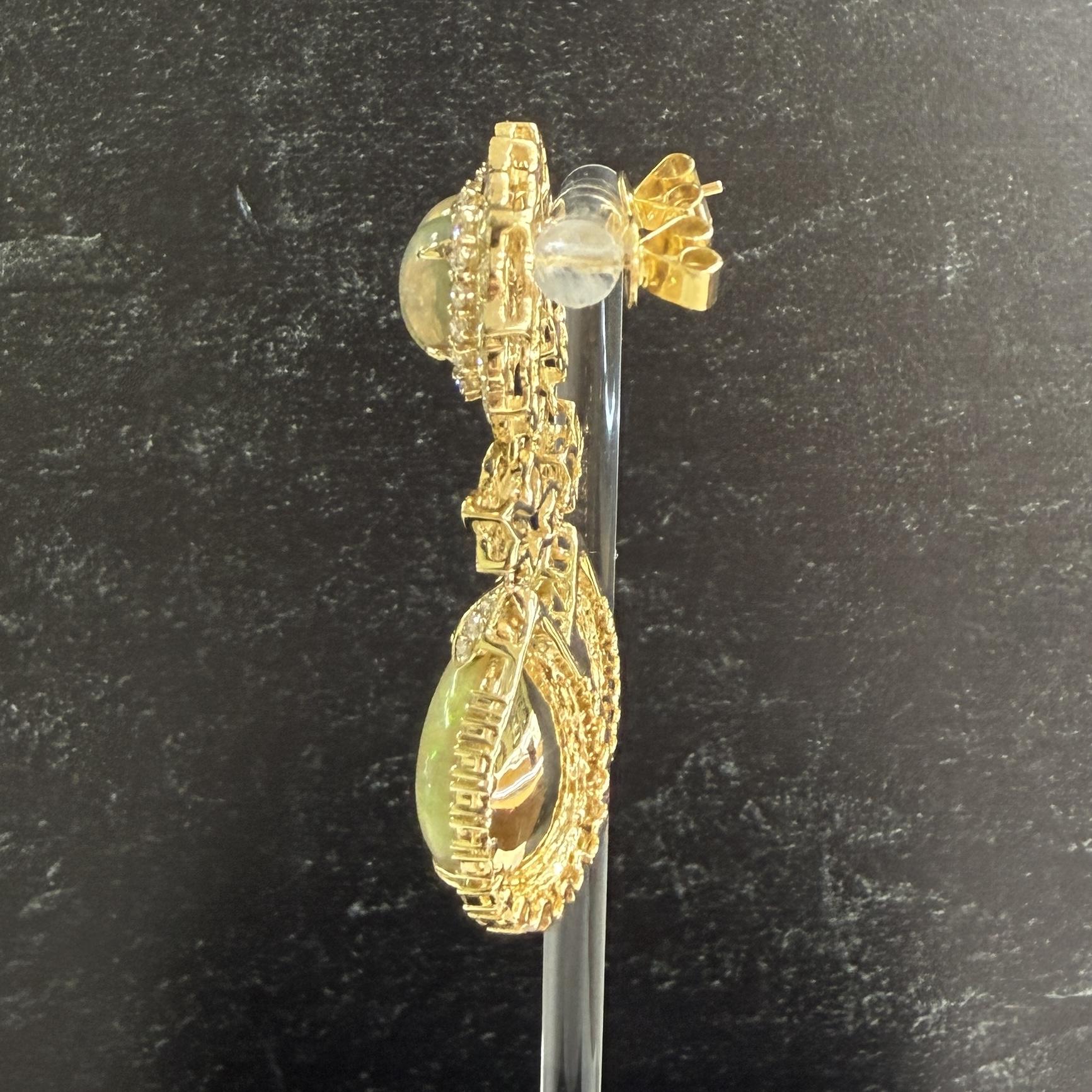 Estate Opal and Diamond Dangle Statement Earrings 14k Yellow Gold