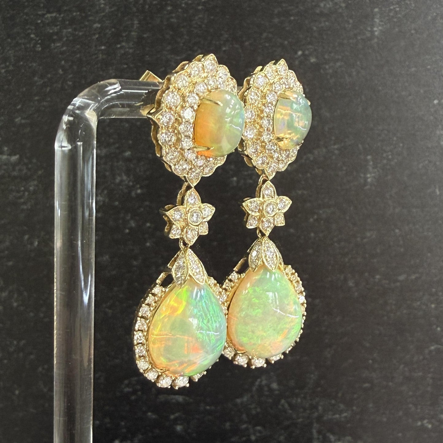 Estate Opal and Diamond Dangle Statement Earrings 14k Yellow Gold