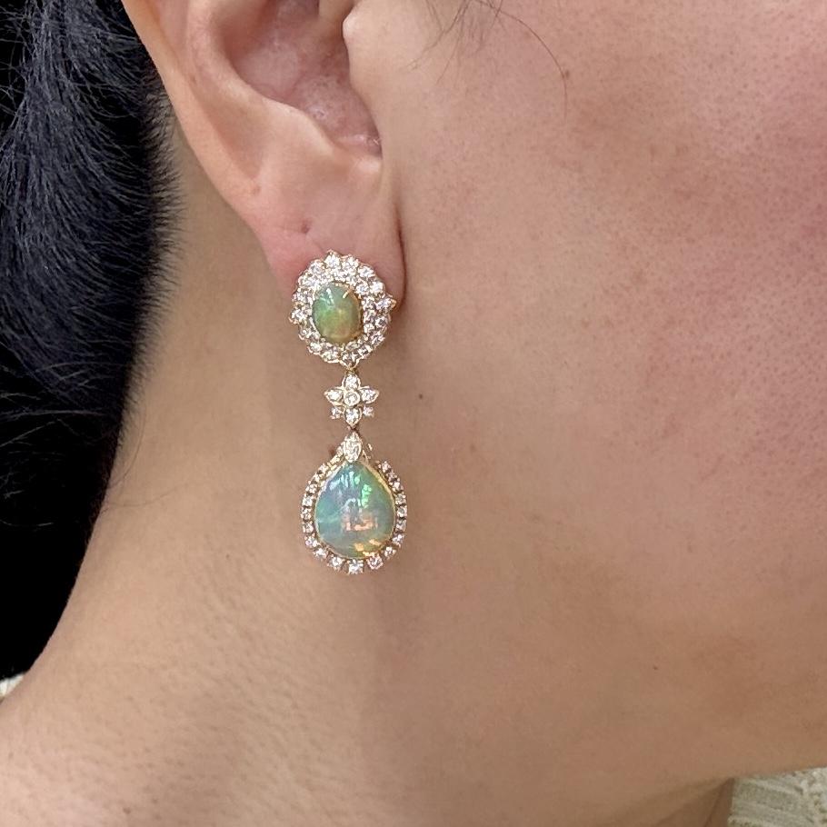 Estate Opal and Diamond Dangle Statement Earrings 14k Yellow Gold