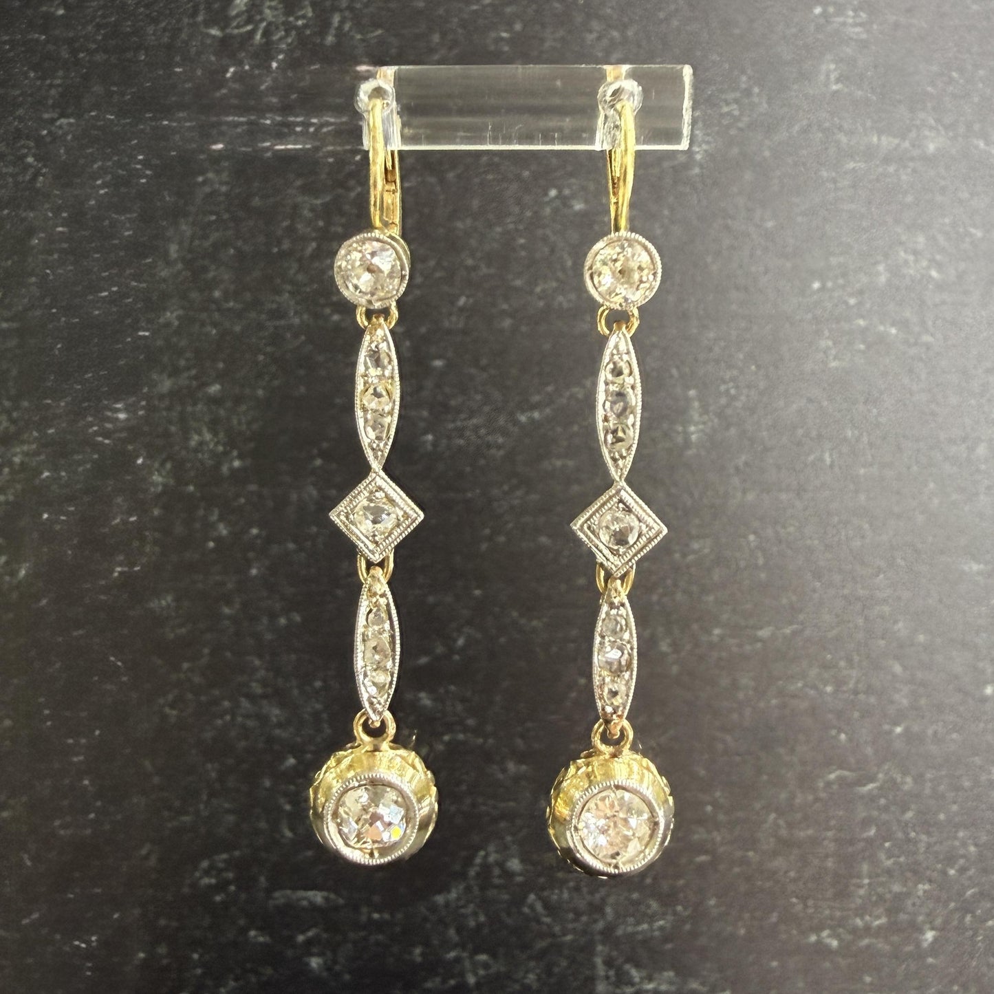 Antique Old Mine Cut Diamond Dangle Earrings 17-18k Gold