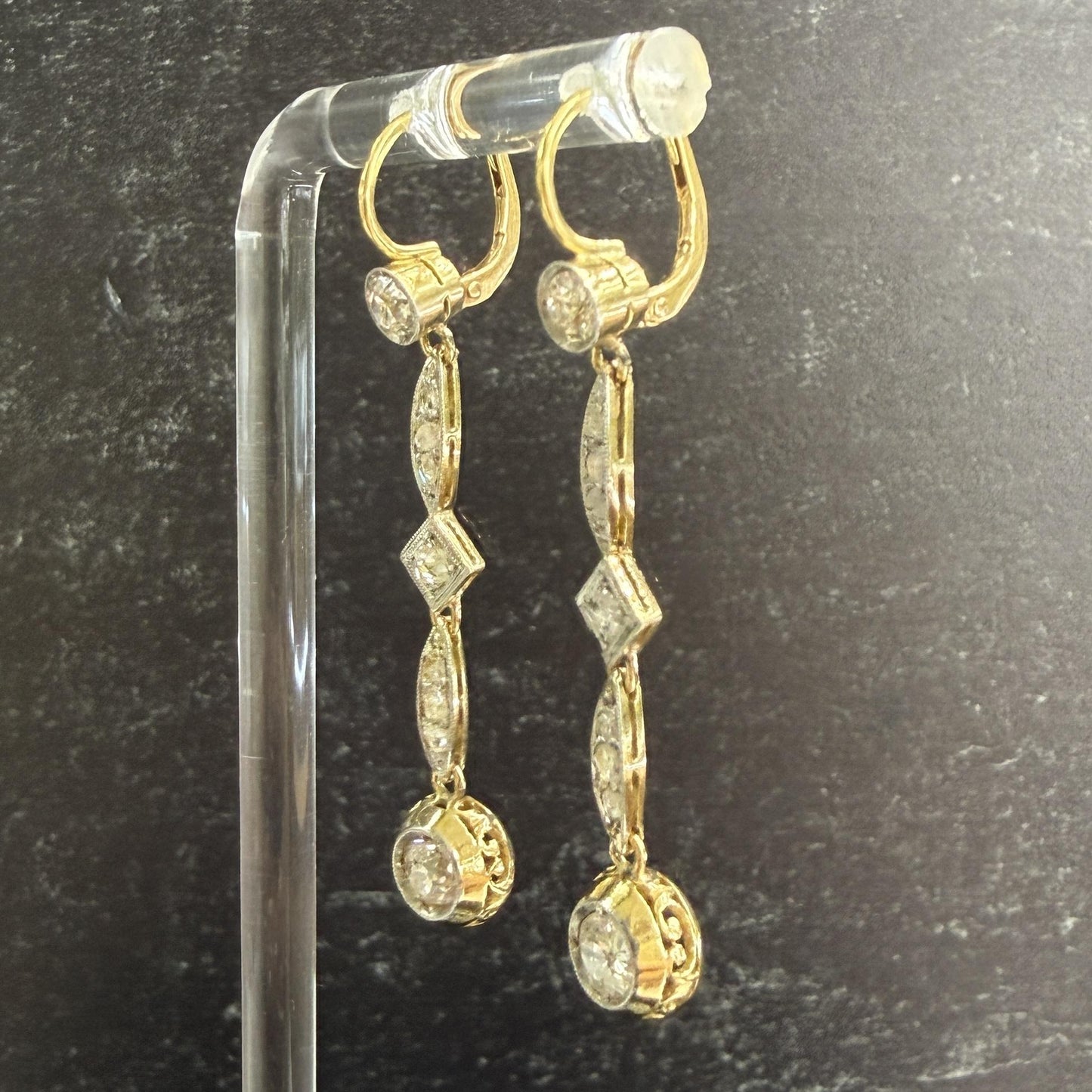 Antique Old Mine Cut Diamond Dangle Earrings 17-18k Gold