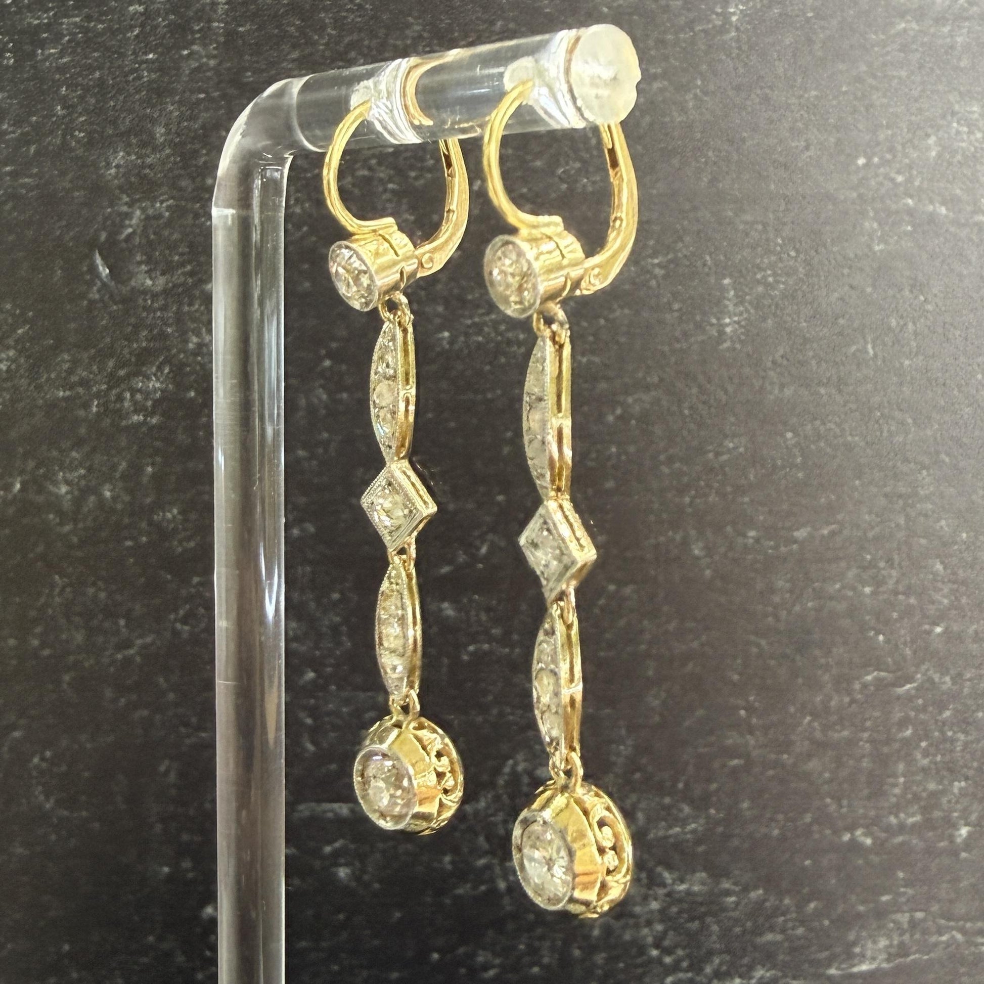 Antique Old Mine Cut Diamond Dangle Earrings 17-18k Gold