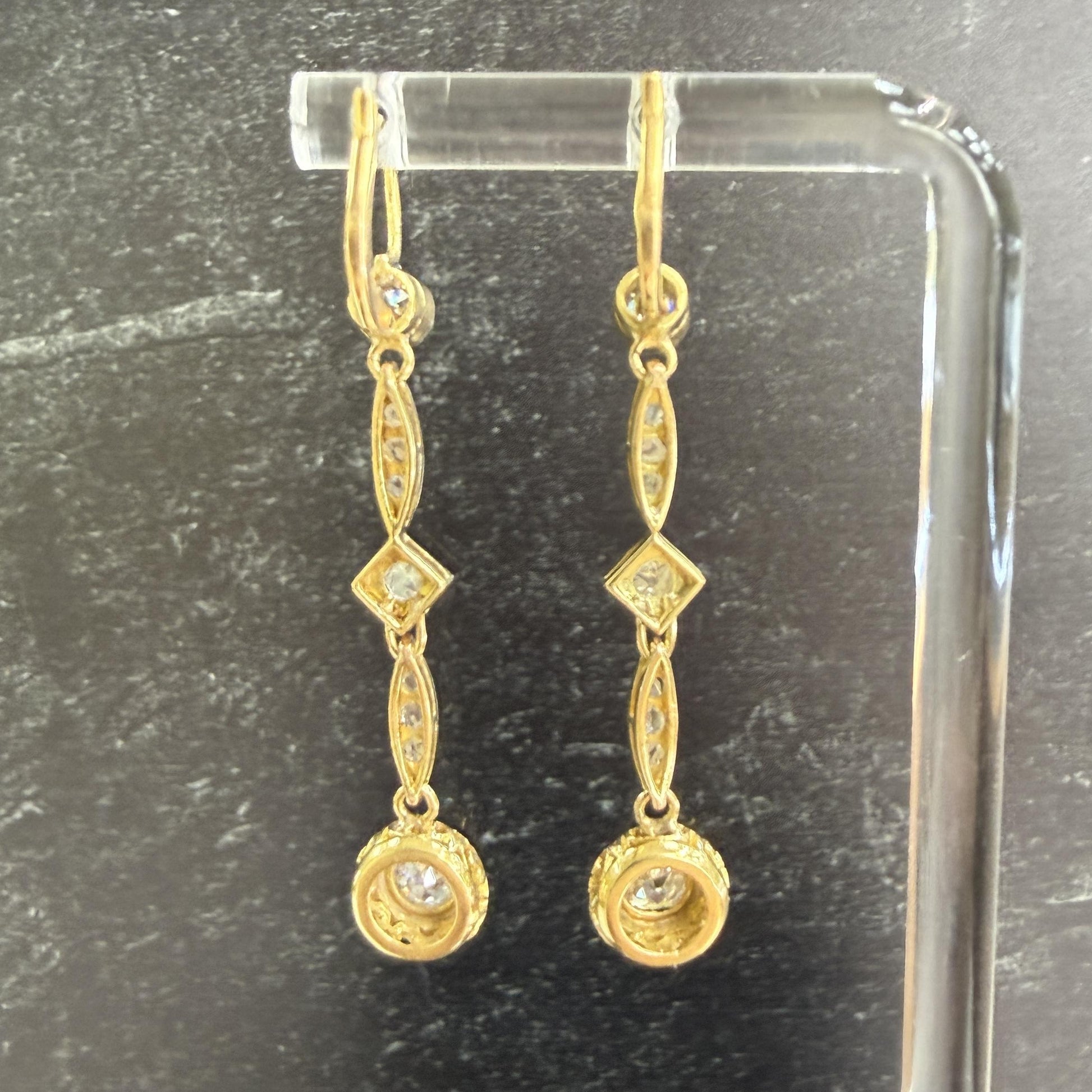 Antique Old Mine Cut Diamond Dangle Earrings 17-18k Gold