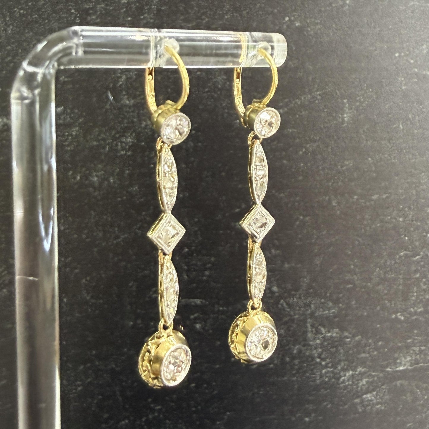 Antique Old Mine Cut Diamond Dangle Earrings 17-18k Gold