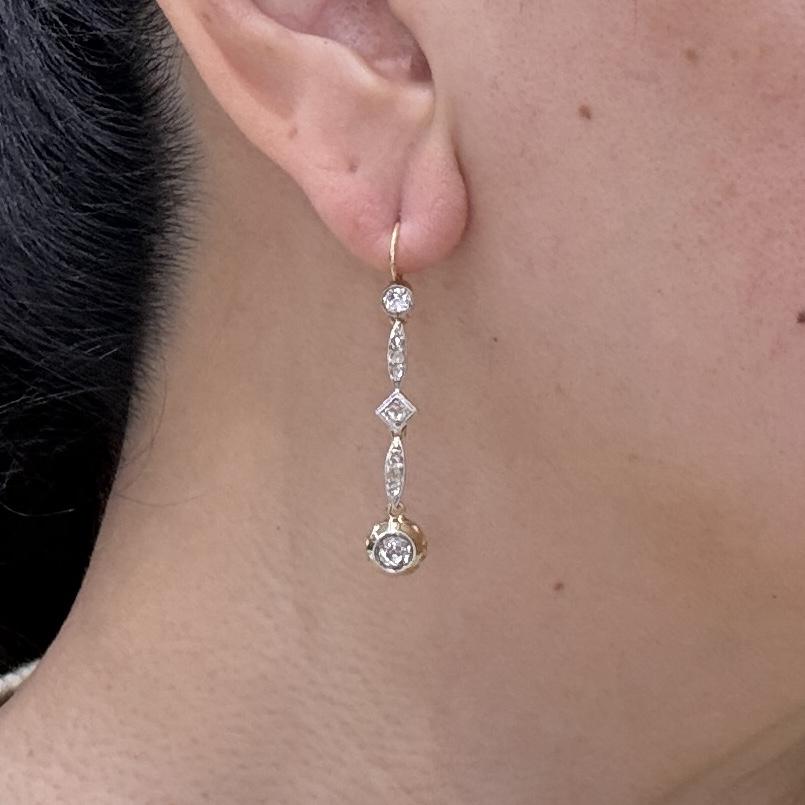 Antique Old Mine Cut Diamond Dangle Earrings 17-18k Gold