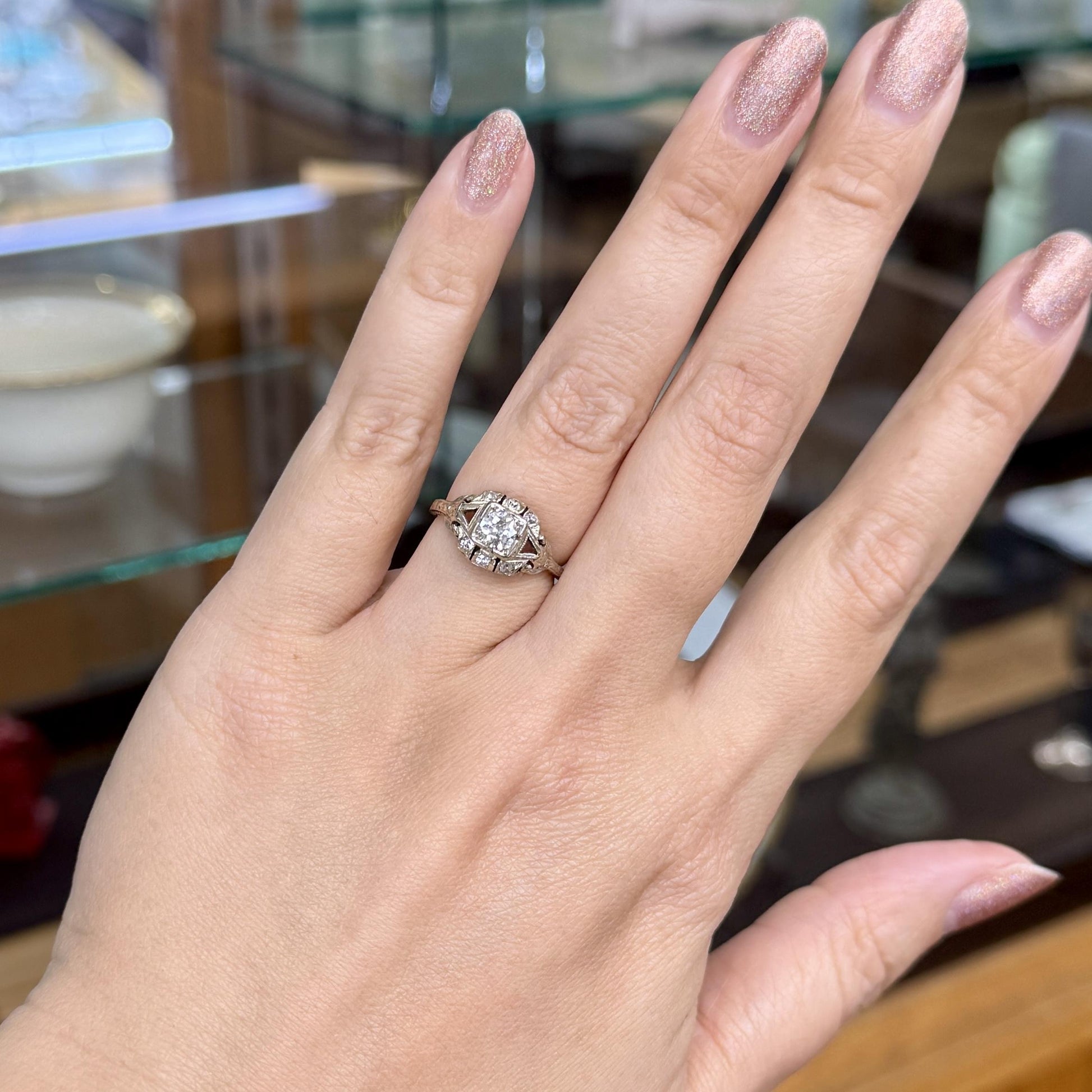 Antique 1930's Art Deco Old European Cut Diamond Engagement Ring 14k White Gold