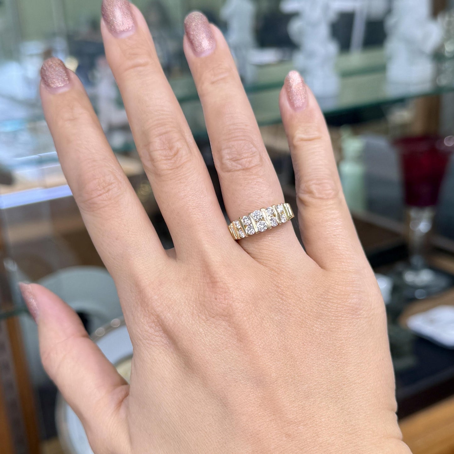 Vintage 1970's Two Row Diamond Band Ring 14k Yellow Gold