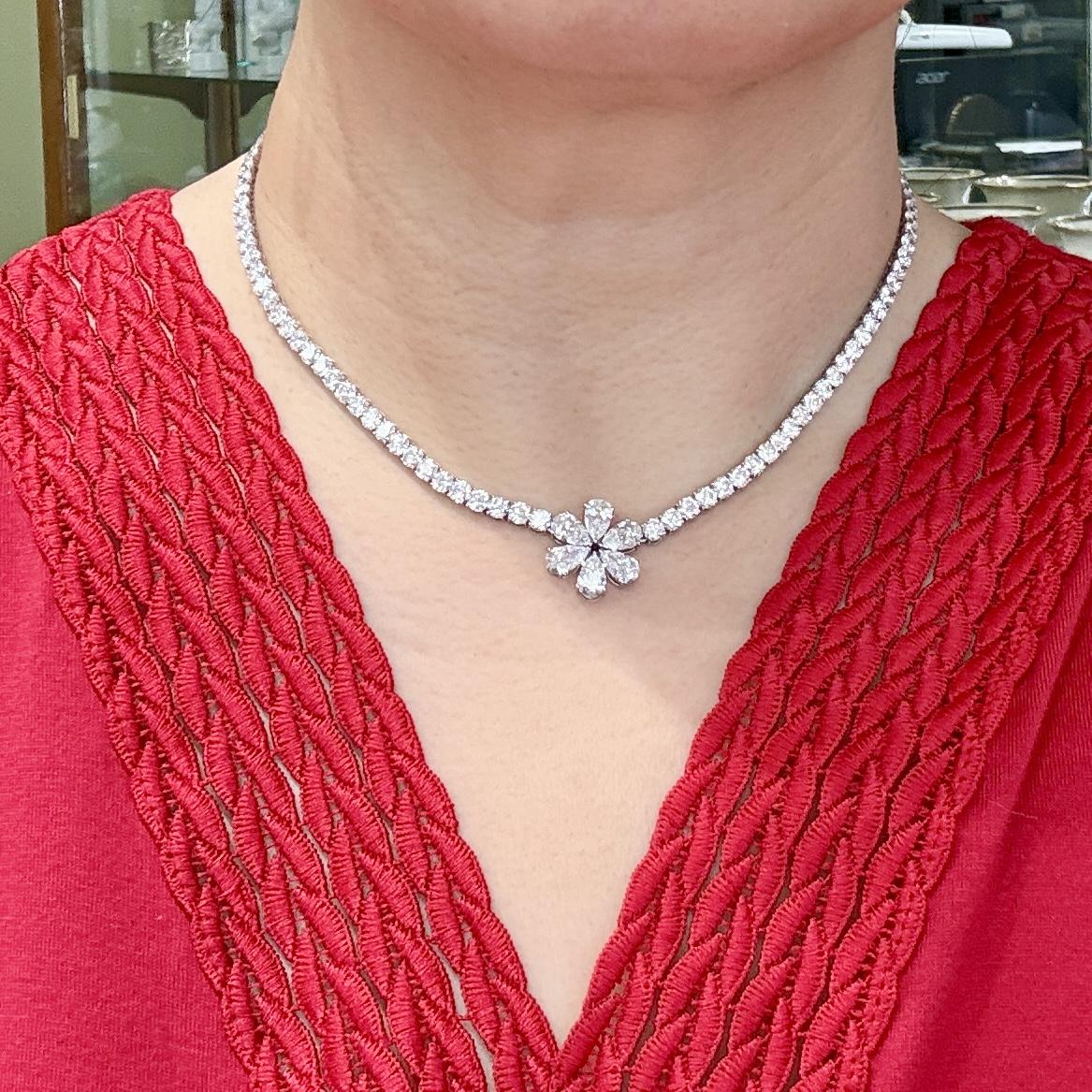 Platinum 24.5ctw Lab Diamond Flower Tennis Necklace 16.5"