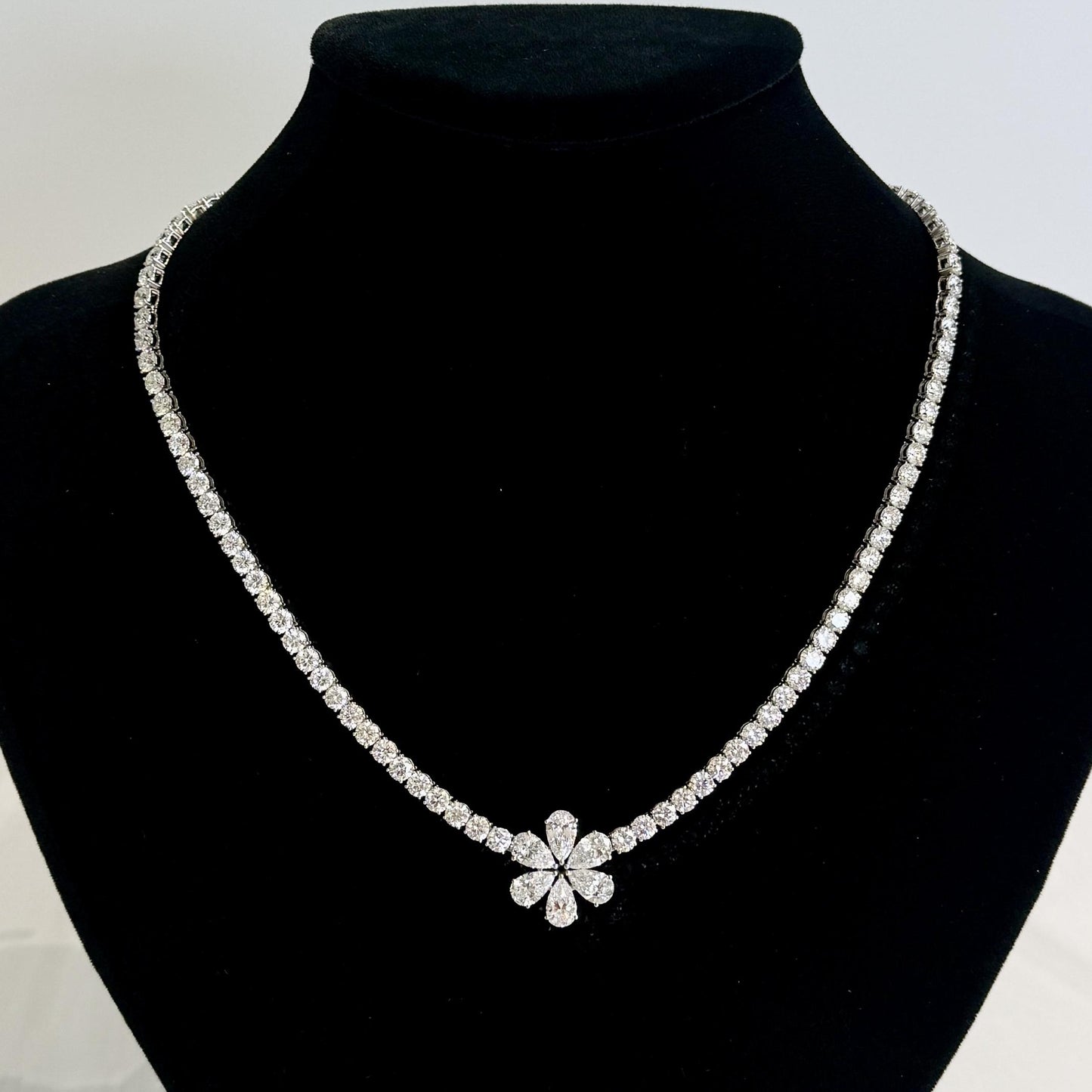Platinum 24.5ctw Lab Diamond Flower Tennis Necklace 16.5"