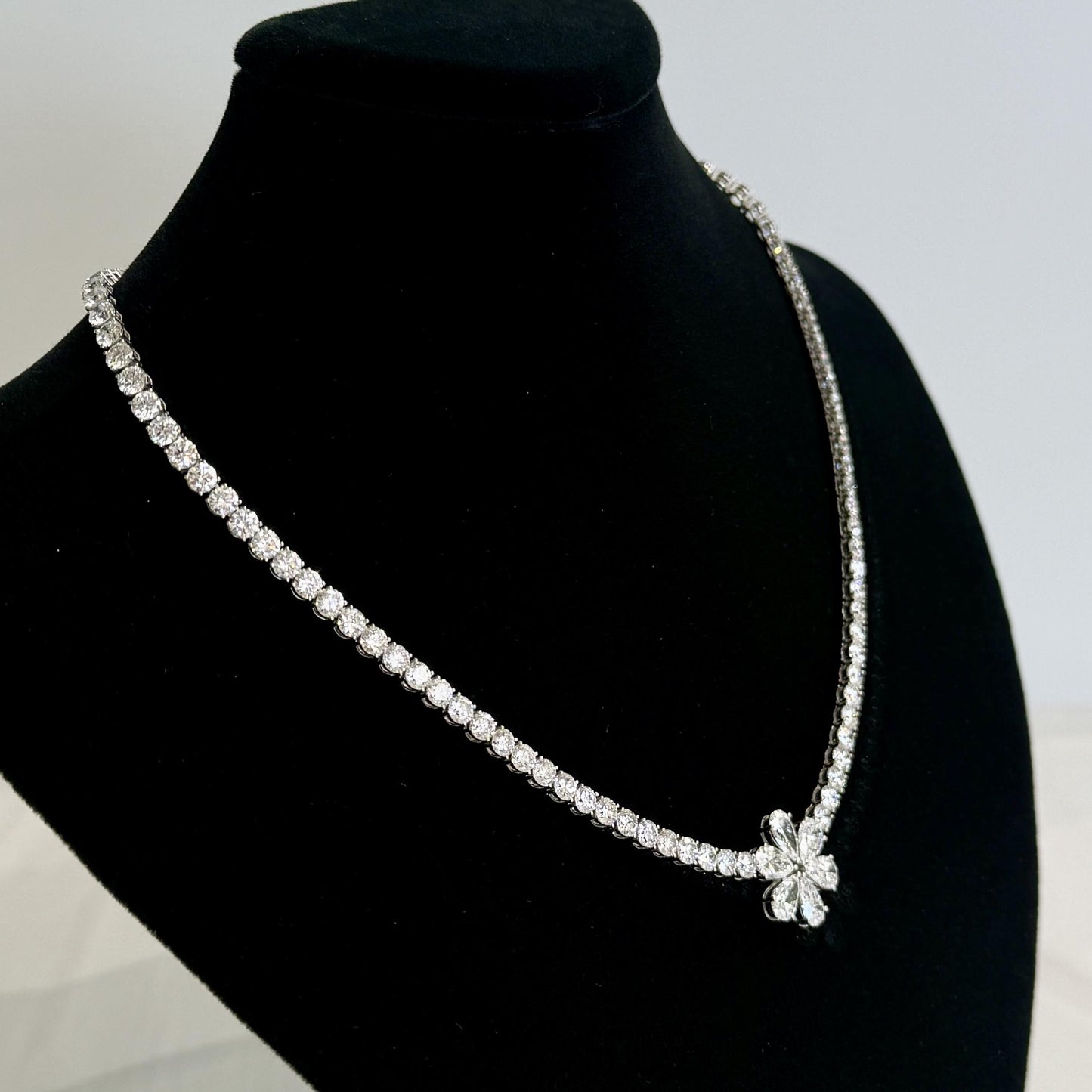Platinum 24.5ctw Lab Diamond Flower Tennis Necklace 16.5"