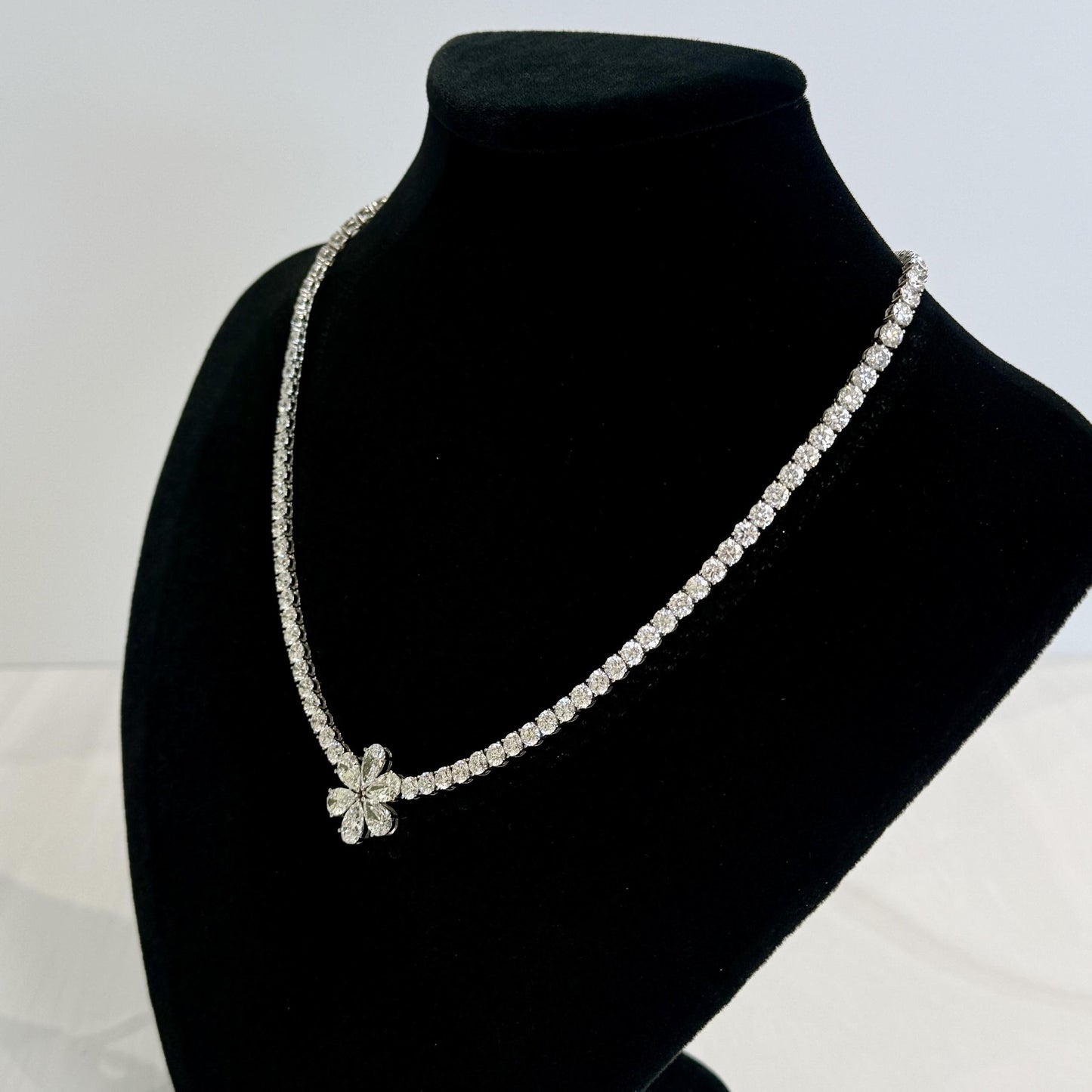 Platinum 24.5ctw Lab Diamond Flower Tennis Necklace 16.5"