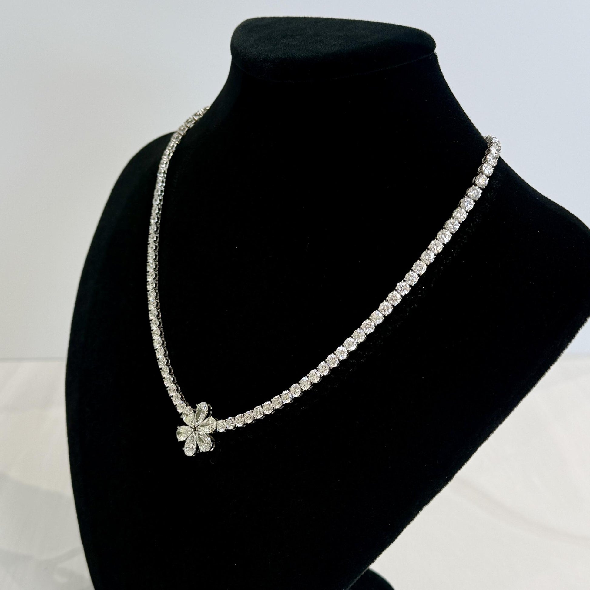 Platinum 24.5ctw Lab Diamond Flower Tennis Necklace 16.5"