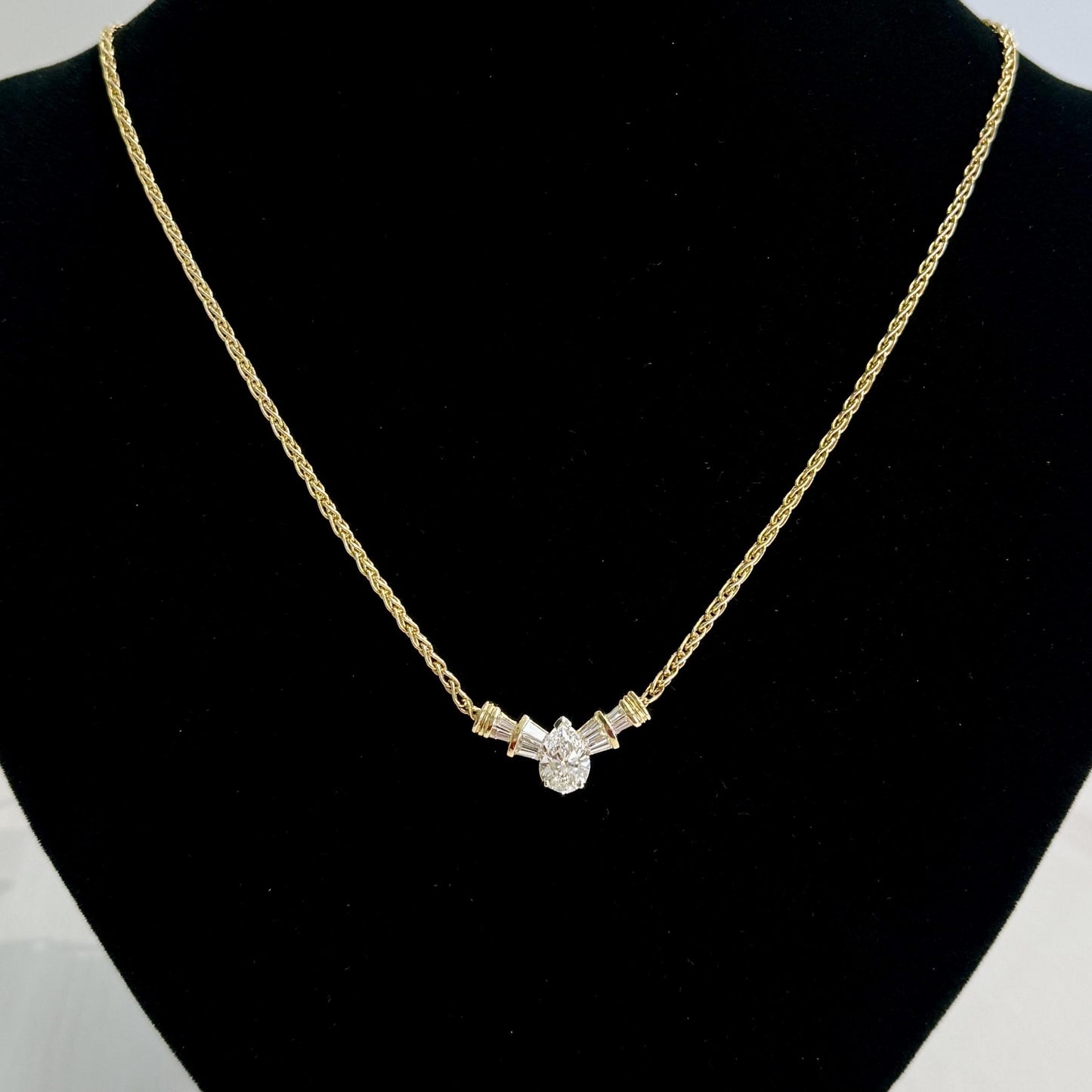 Diamond Pear and Baguette Necklace 14k Yellow Gold