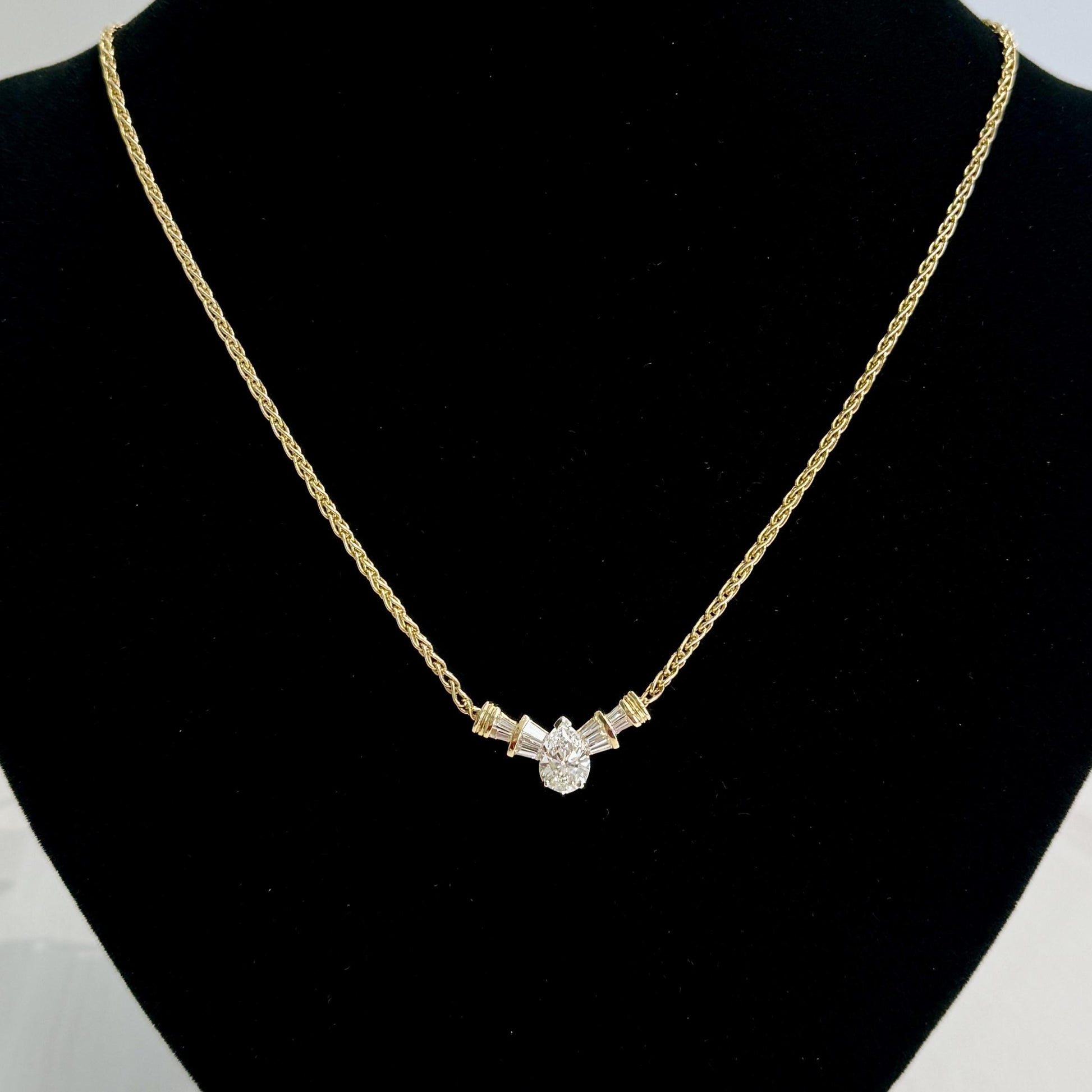 Diamond Pear and Baguette Necklace 14k Yellow Gold