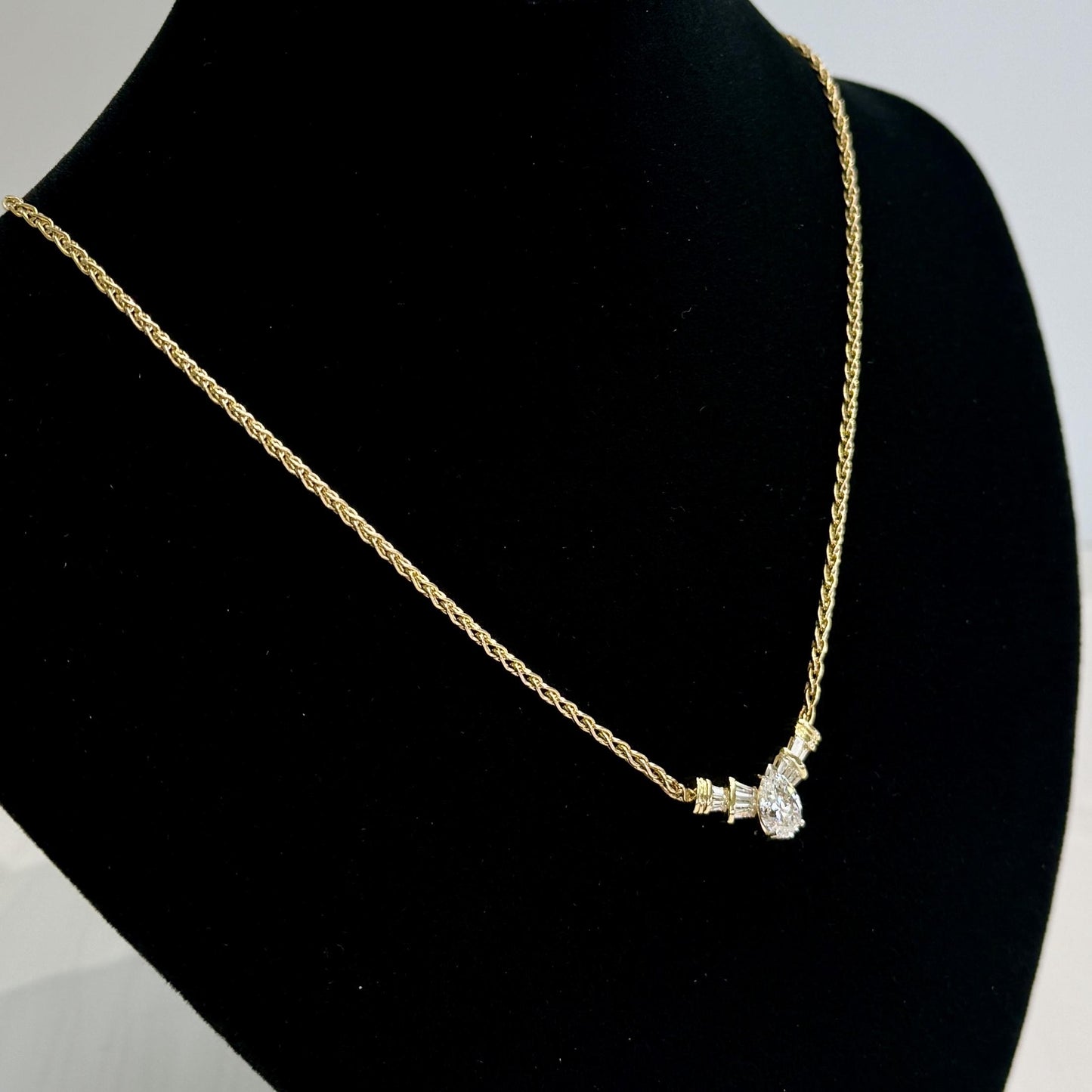 Diamond Pear and Baguette Necklace 14k Yellow Gold