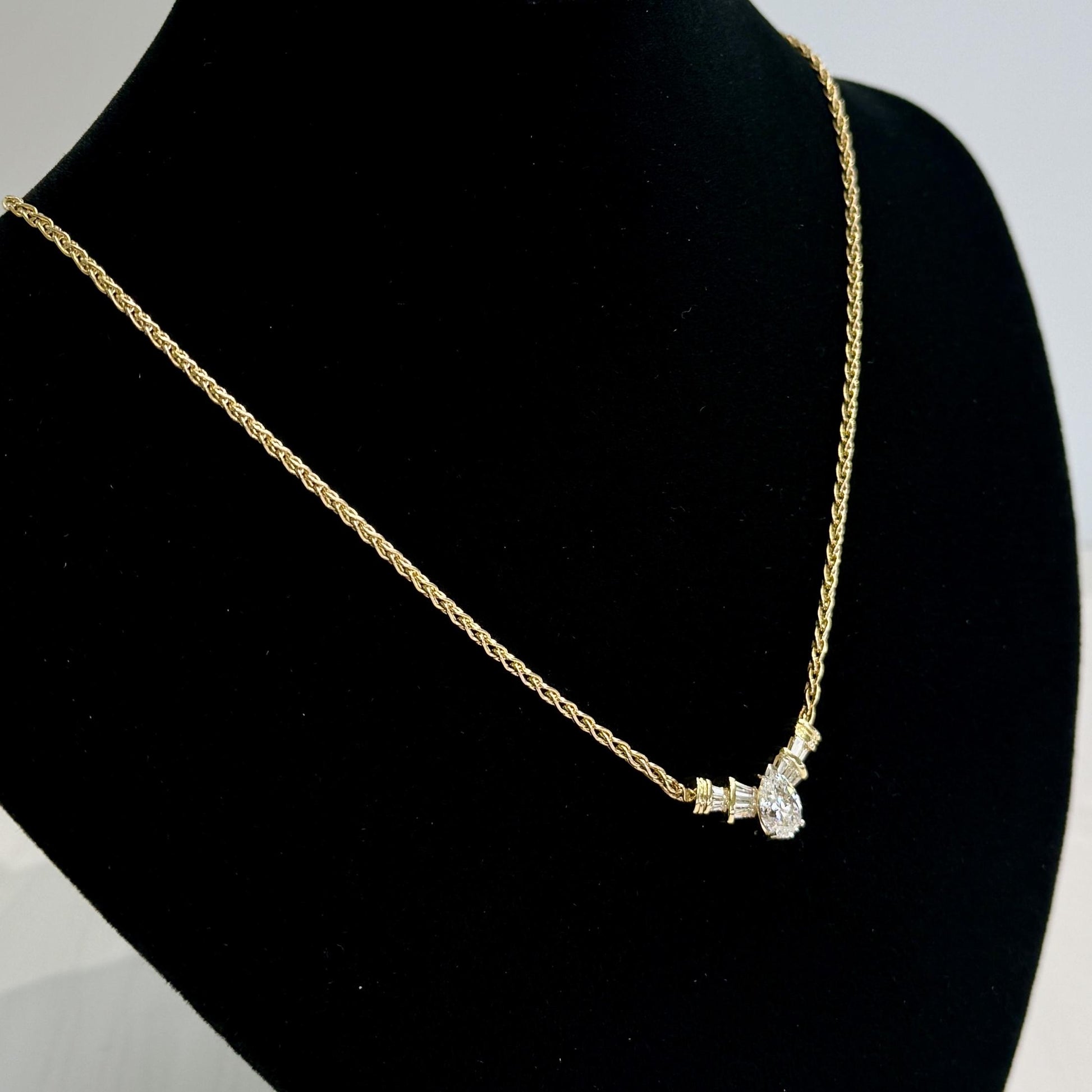 Diamond Pear and Baguette Necklace 14k Yellow Gold