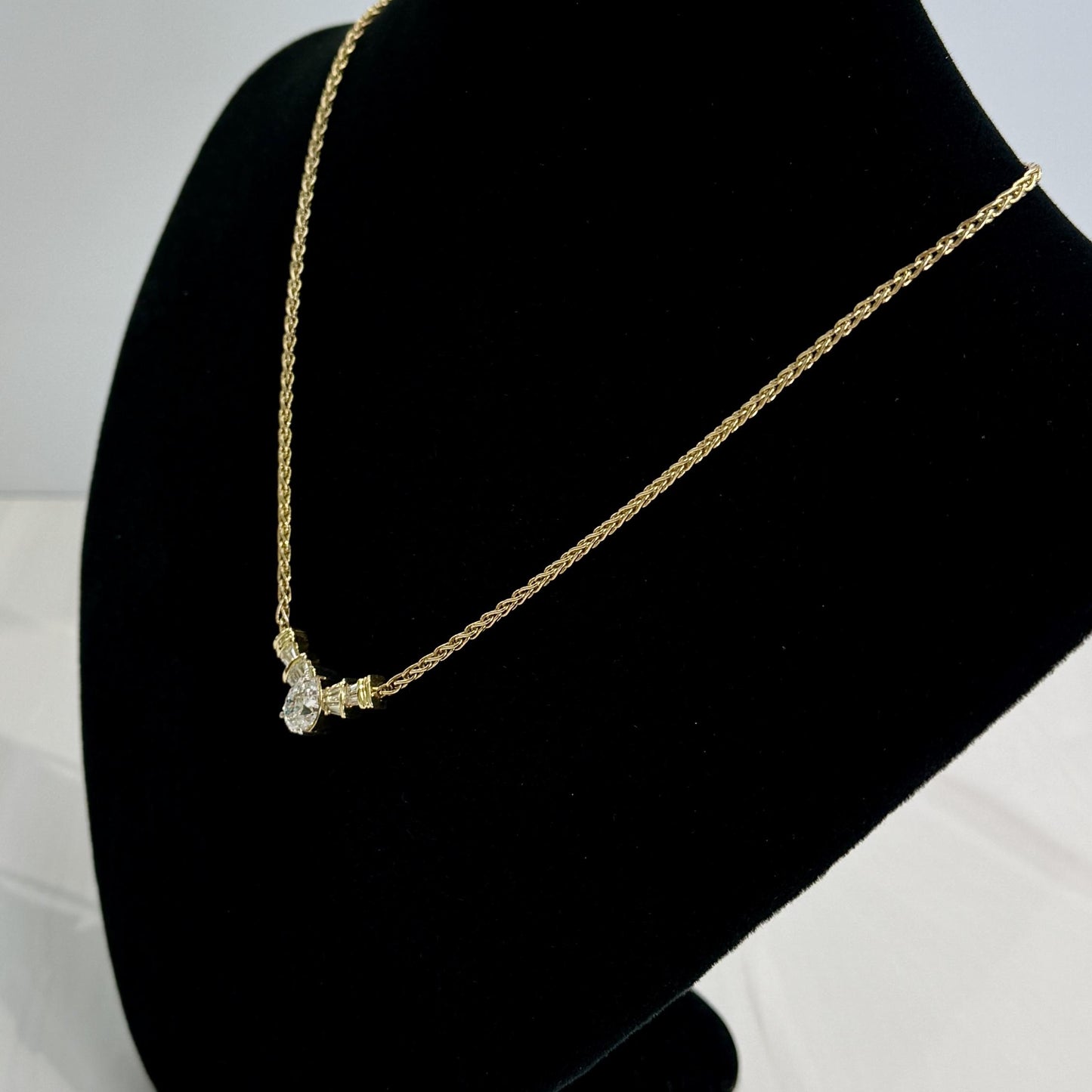 Diamond Pear and Baguette Necklace 14k Yellow Gold