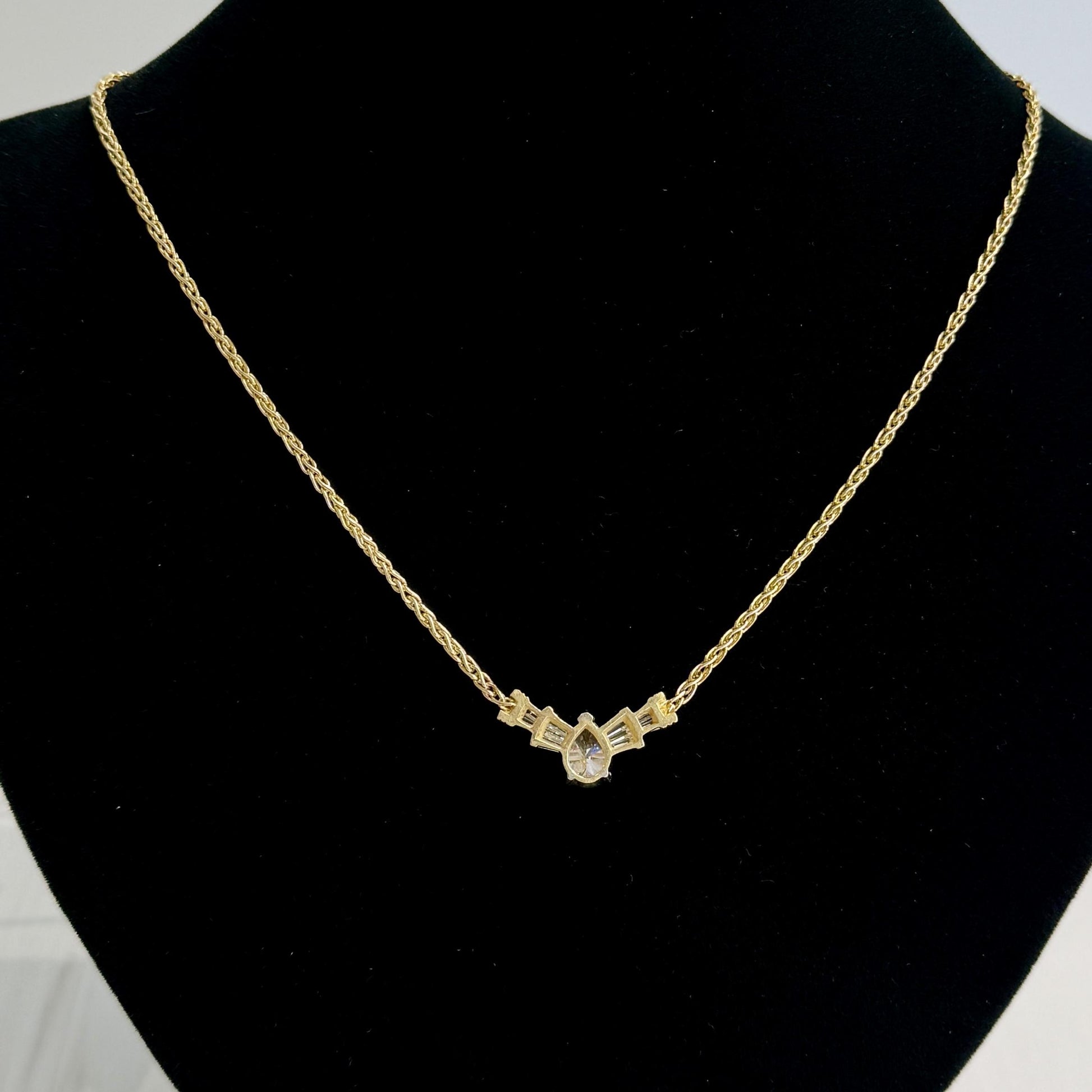 Diamond Pear and Baguette Necklace 14k Yellow Gold