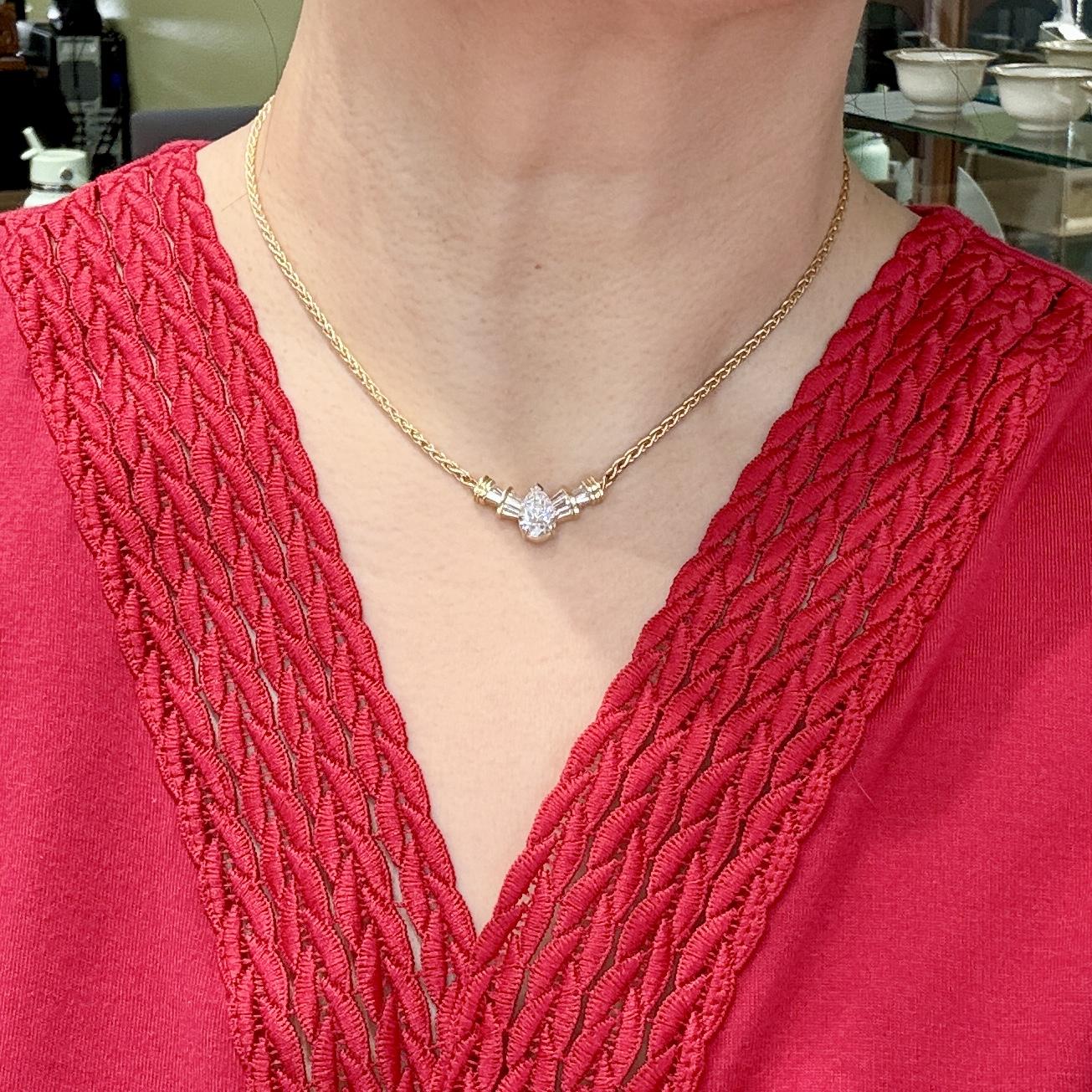 Diamond Pear and Baguette Necklace 14k Yellow Gold