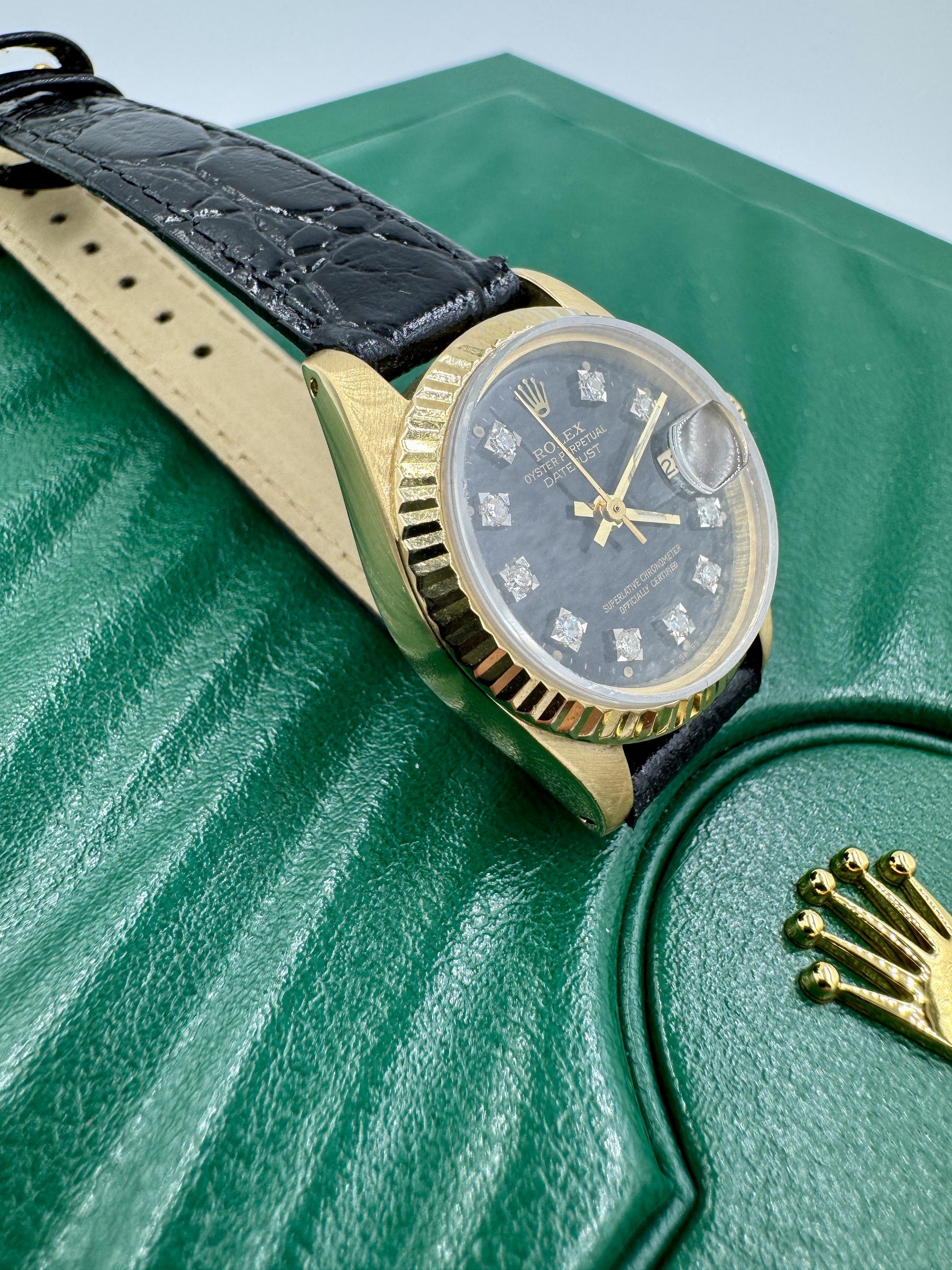 Lady Rolex Datejust Solid 18K Yellow Gold Watch Leather Band Diamond Dial 6917