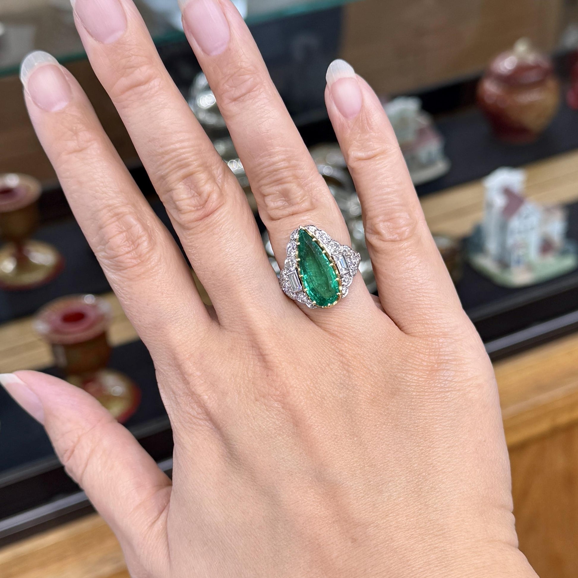 Estate Columbian Emerald and Old Cut Diamond Ring Platinum/18k Yellow Gold
