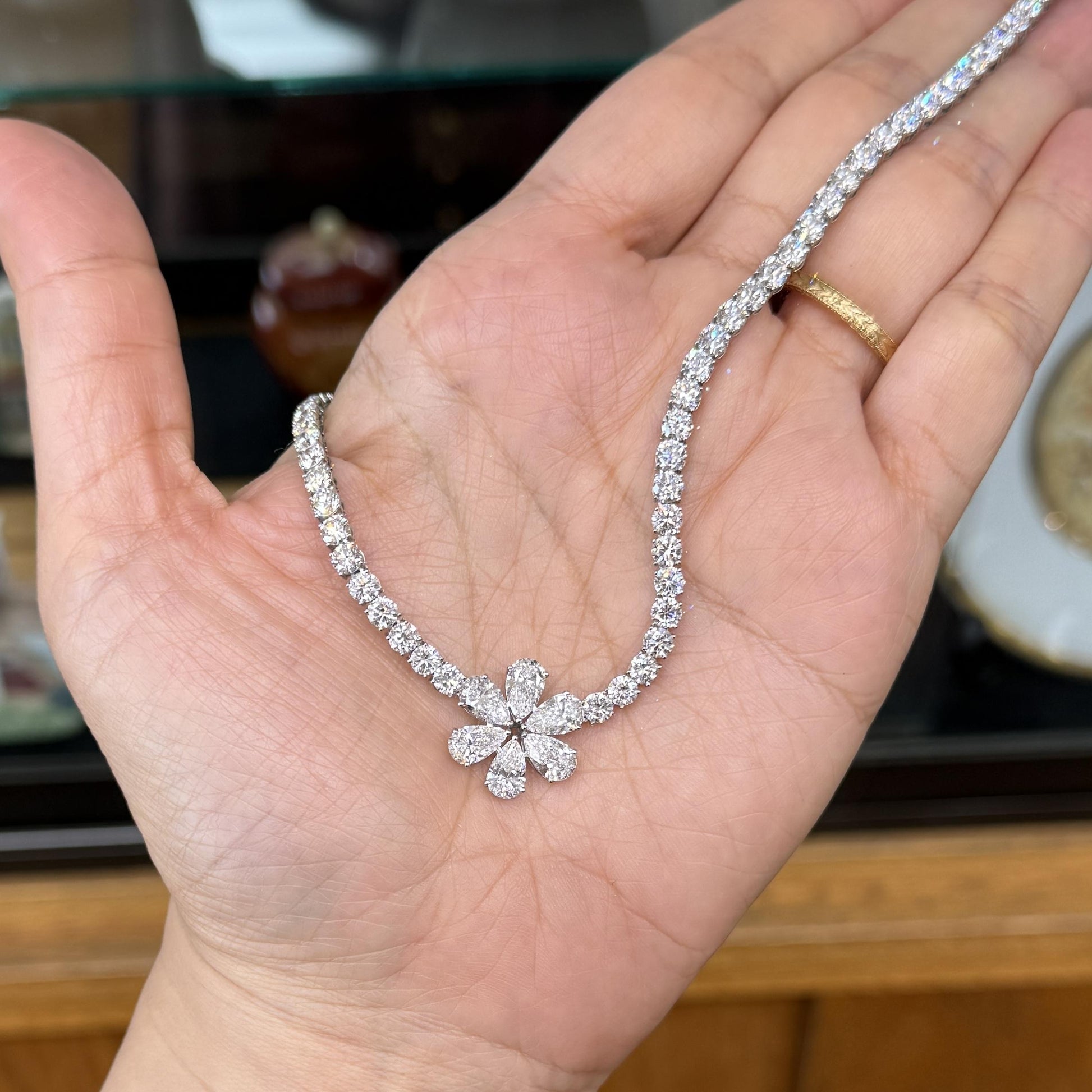 Platinum 24.5ctw Lab Diamond Flower Tennis Necklace 16.5"