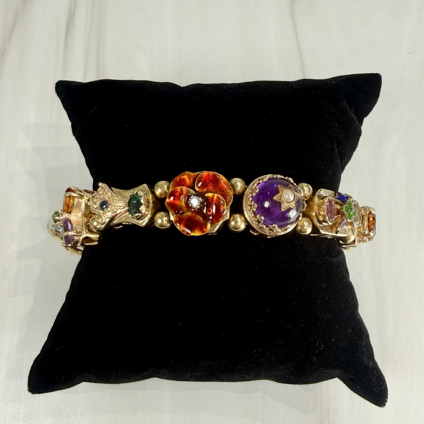 Vintage 1970's Gemstone and Diamond Slide Bracelet 14k Yellow Gold