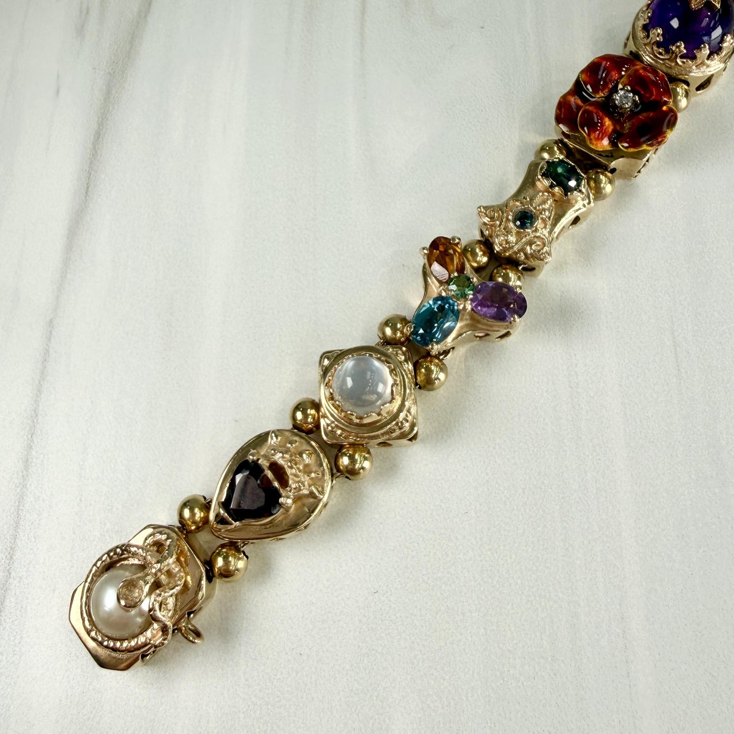 Vintage 1970's Gemstone and Diamond Slide Bracelet 14k Yellow Gold