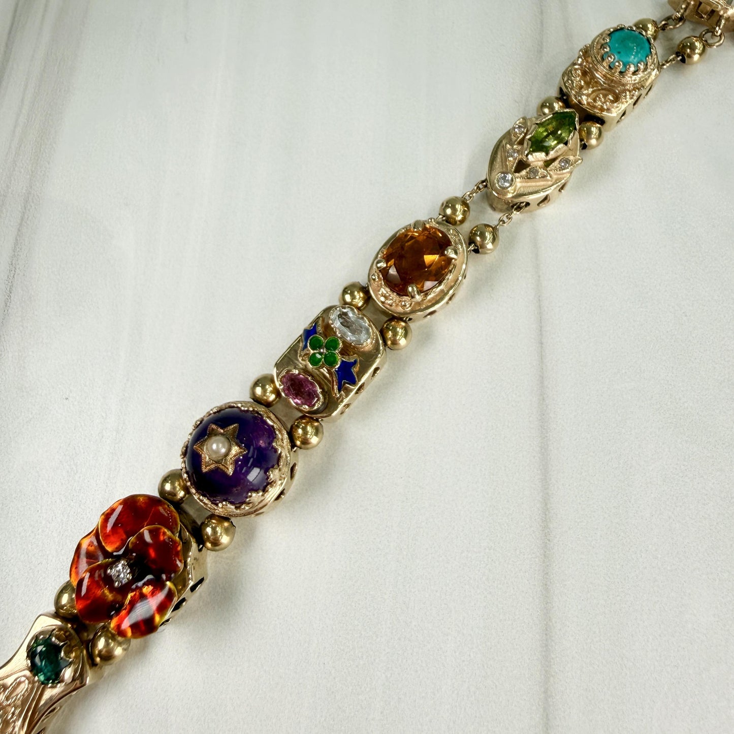 Vintage 1970's Gemstone and Diamond Slide Bracelet 14k Yellow Gold