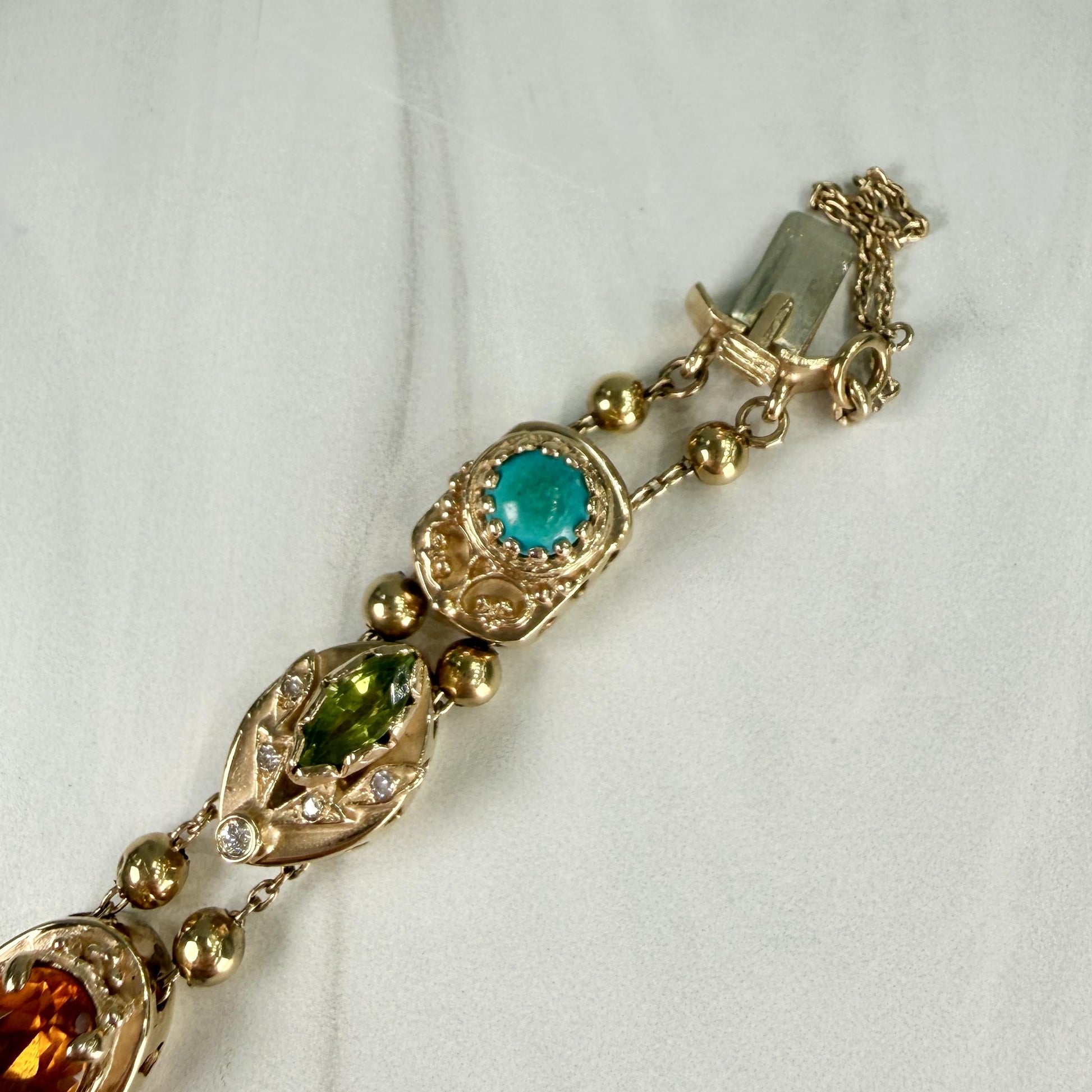 Vintage 1970's Gemstone and Diamond Slide Bracelet 14k Yellow Gold