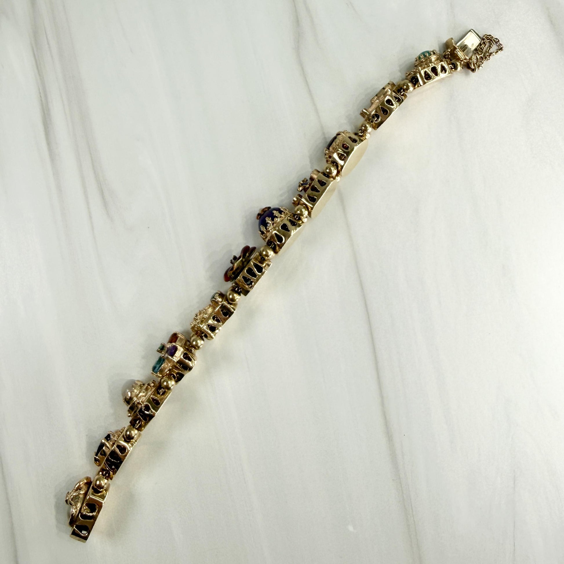 Vintage 1970's Gemstone and Diamond Slide Bracelet 14k Yellow Gold