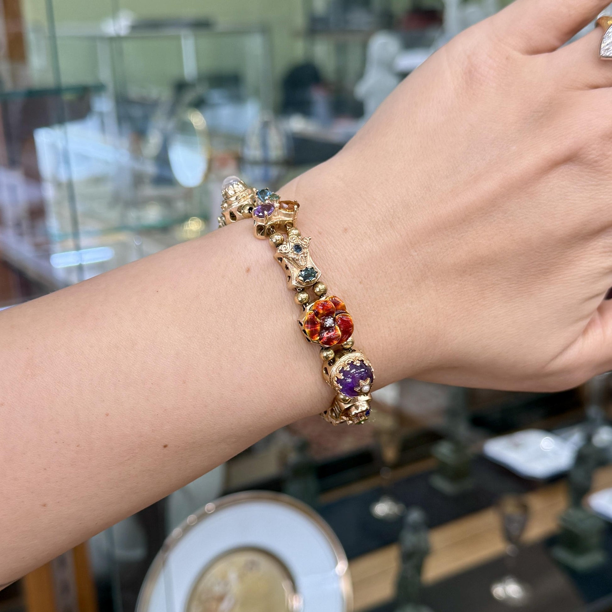 Vintage 1970's Gemstone and Diamond Slide Bracelet 14k Yellow Gold
