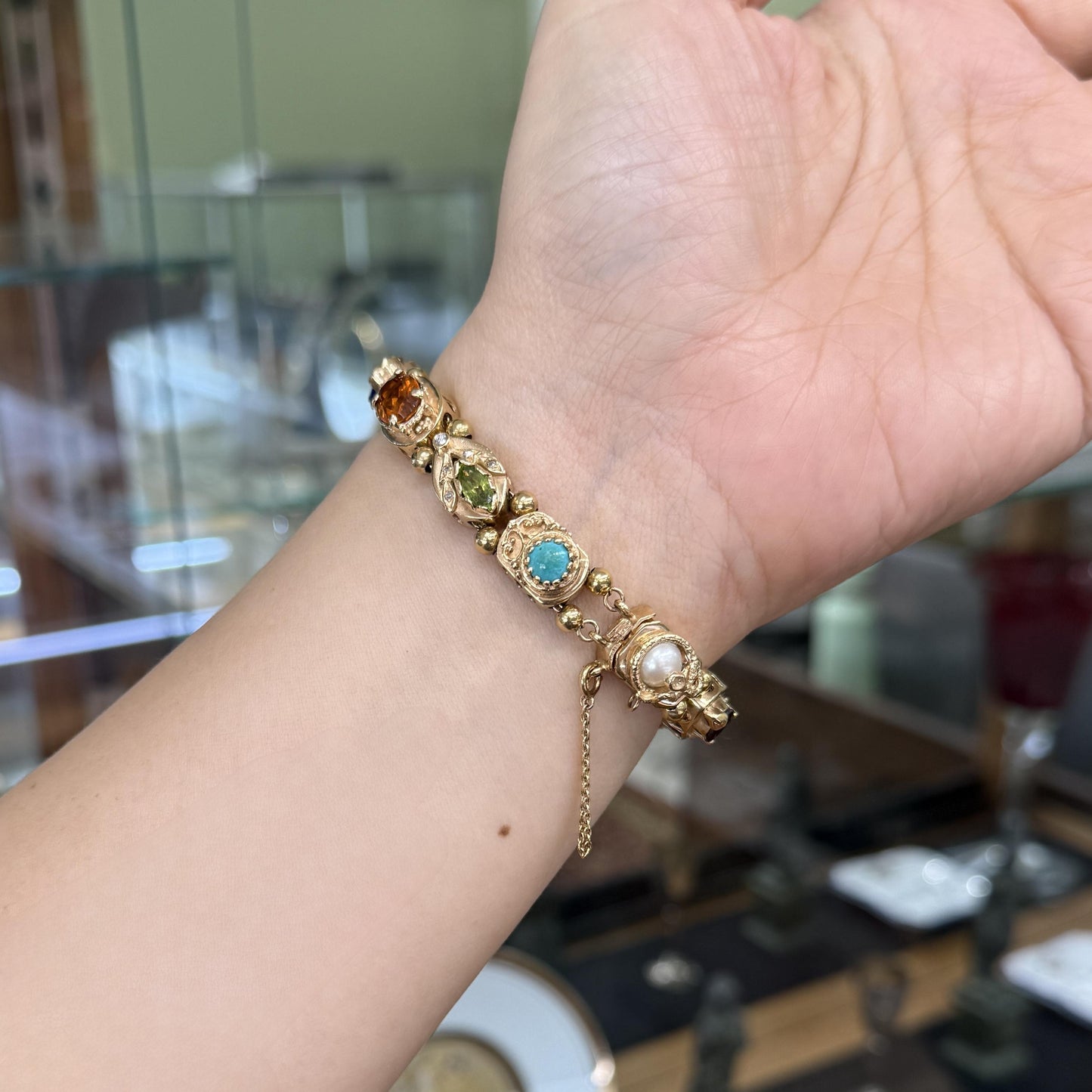 Vintage 1970's Gemstone and Diamond Slide Bracelet 14k Yellow Gold