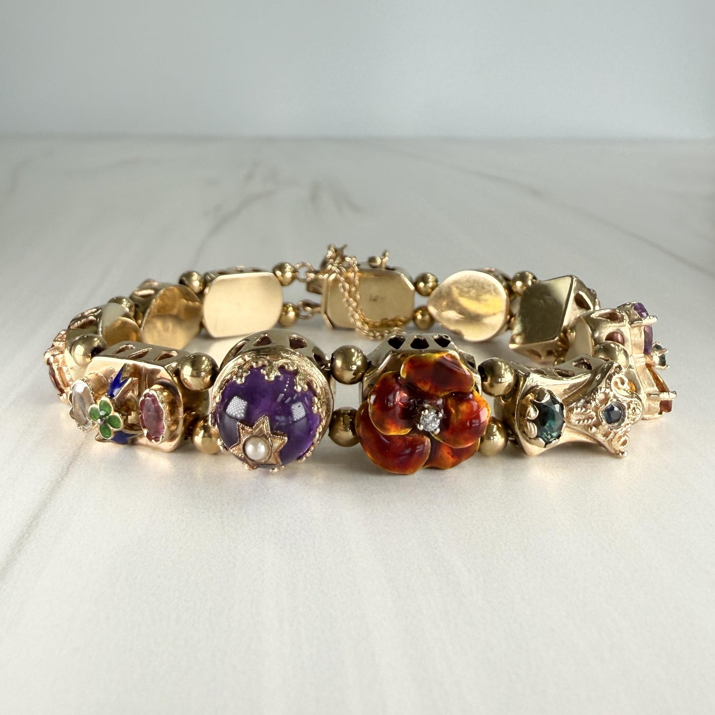 Vintage 1970's Gemstone and Diamond Slide Bracelet 14k Yellow Gold