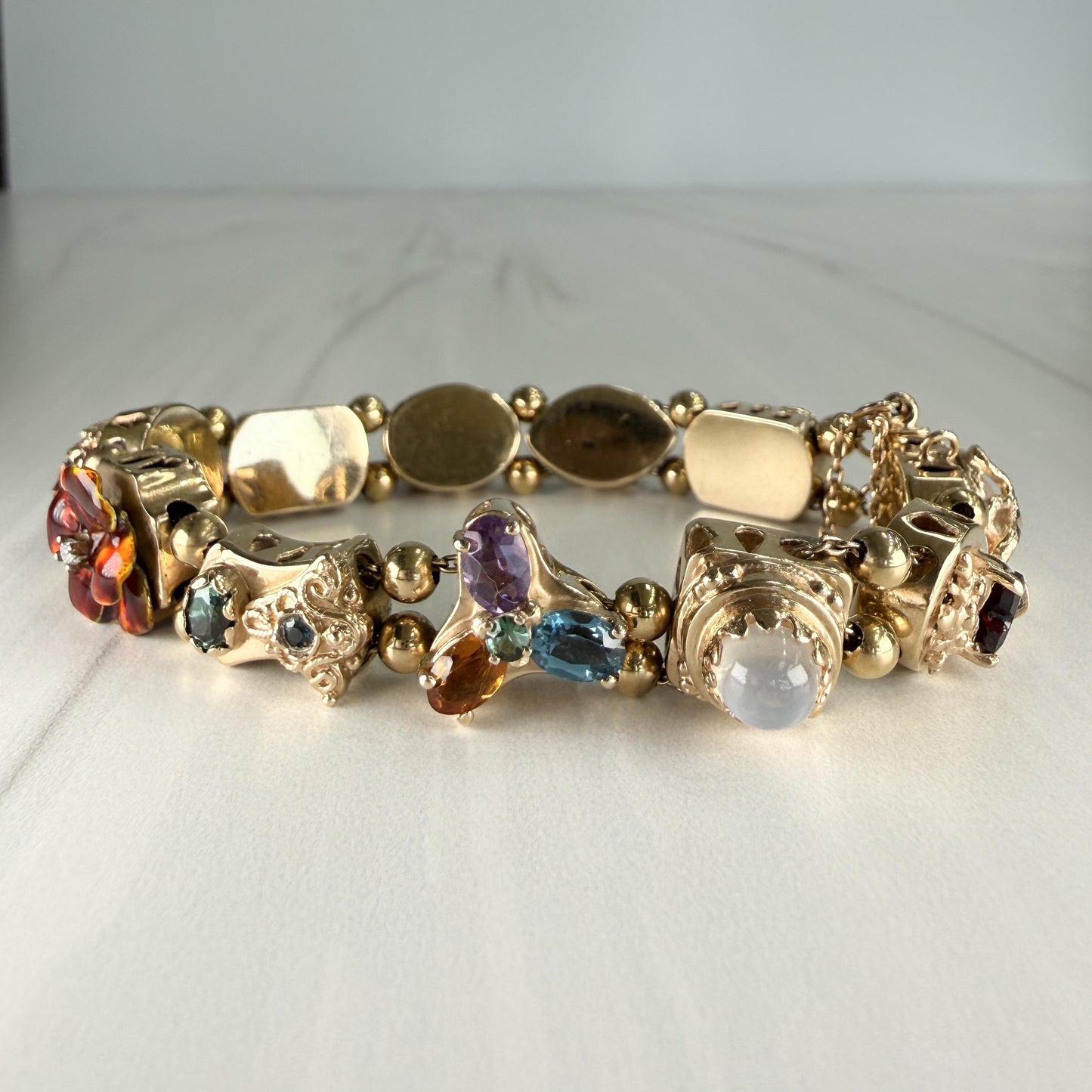 Vintage 1970's Gemstone and Diamond Slide Bracelet 14k Yellow Gold