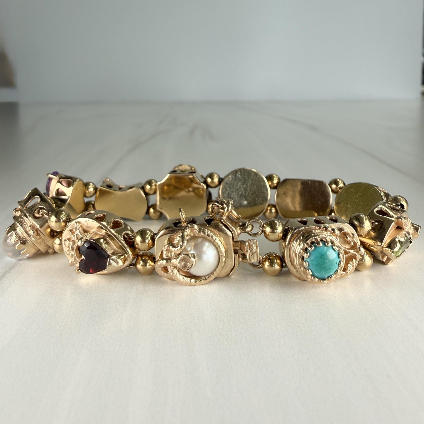 Vintage 1970's Gemstone and Diamond Slide Bracelet 14k Yellow Gold