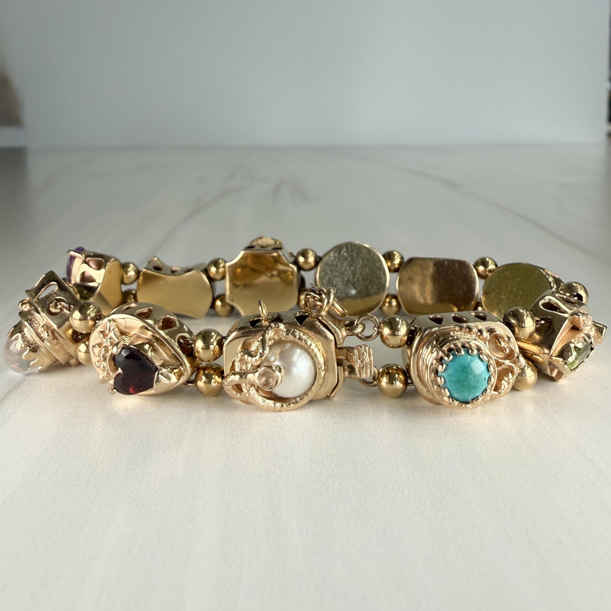 Vintage 1970's Gemstone and Diamond Slide Bracelet 14k Yellow Gold